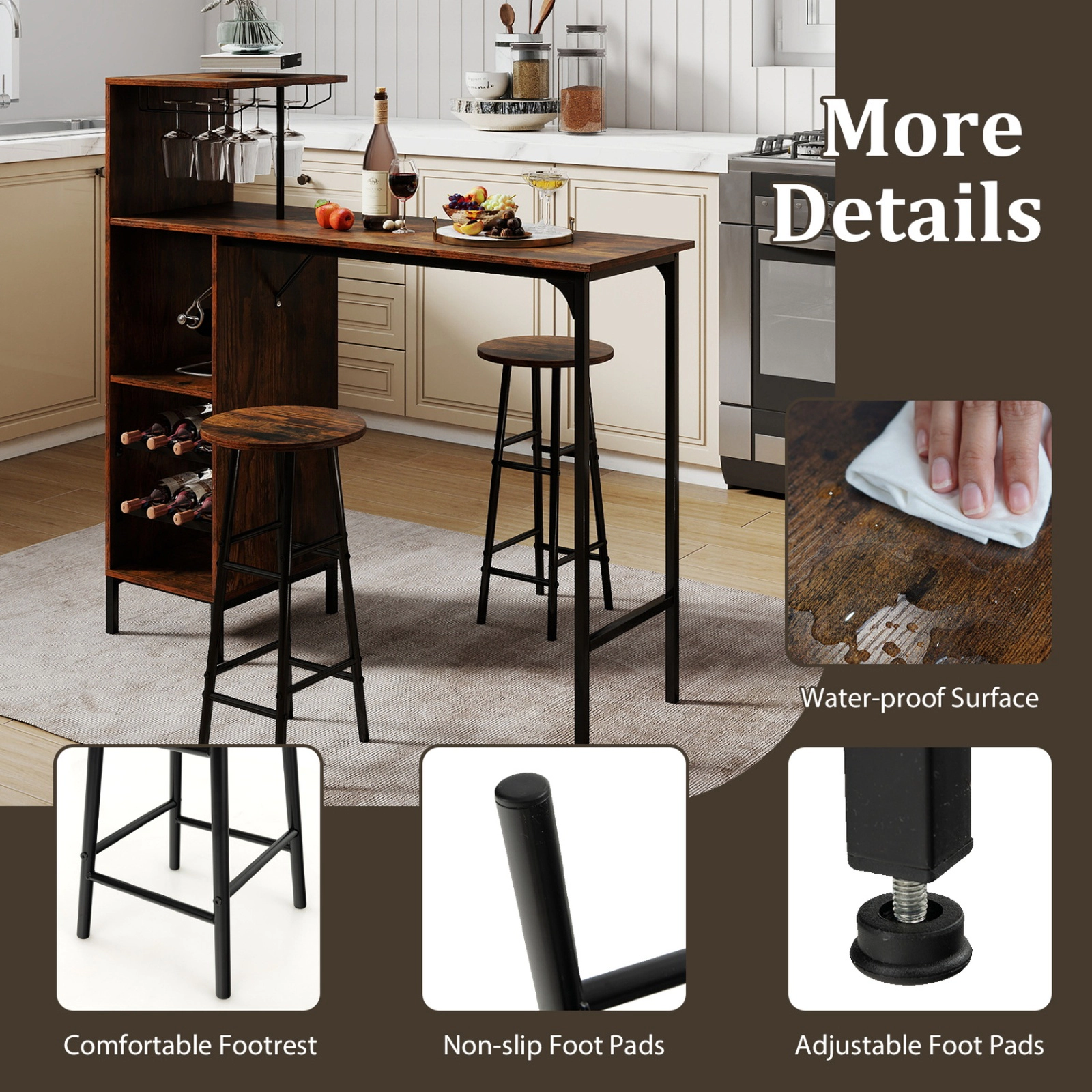 SUGIFT Bar Table and Chairs Set with Storage Shelf 400-Lb Table Capacity 330-Lb Stool Capacity Rustic Brown