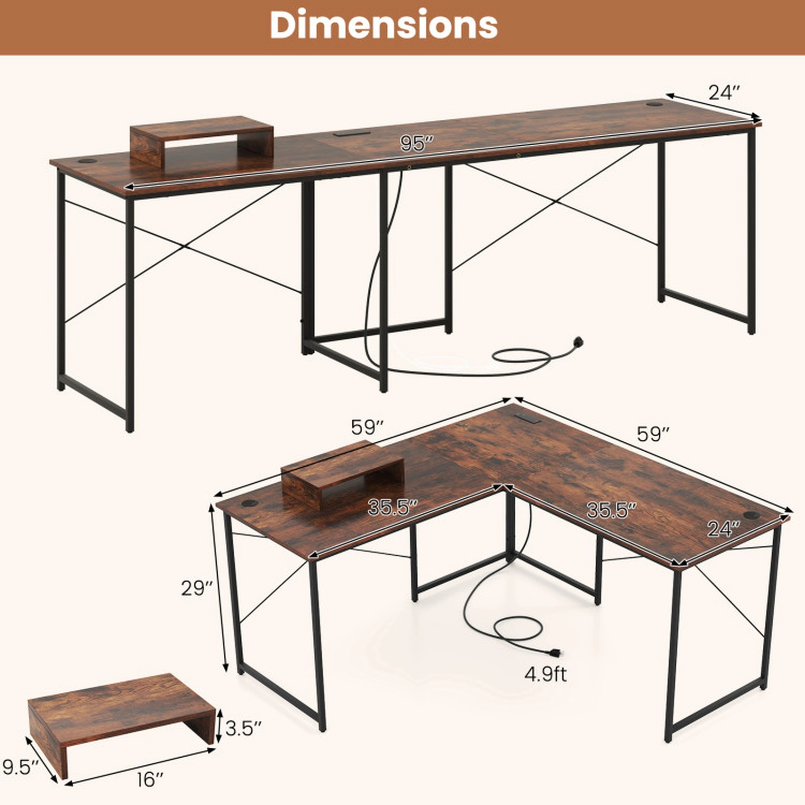 SUGIFT 95-in 2-Person Reversible L-Shaped Computer Desk with Monitor Stand 253-lb Overall Capacity Rustic Brown