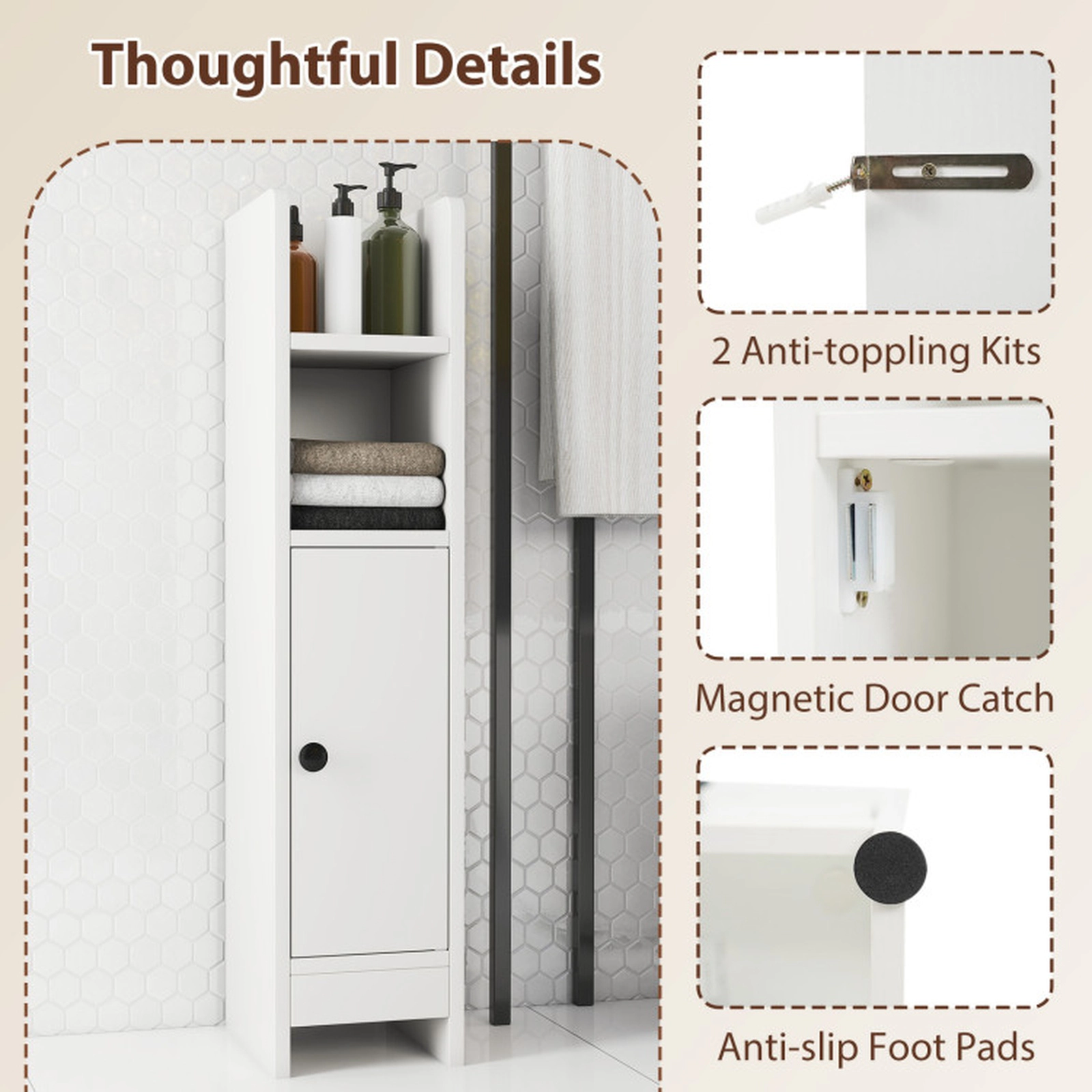 SUGIFT Slim Corner Bathroom Floor Cabinet with Door and 3-Tier Adjustable Shelf 31.5-in Tall 44-lb Capacity White