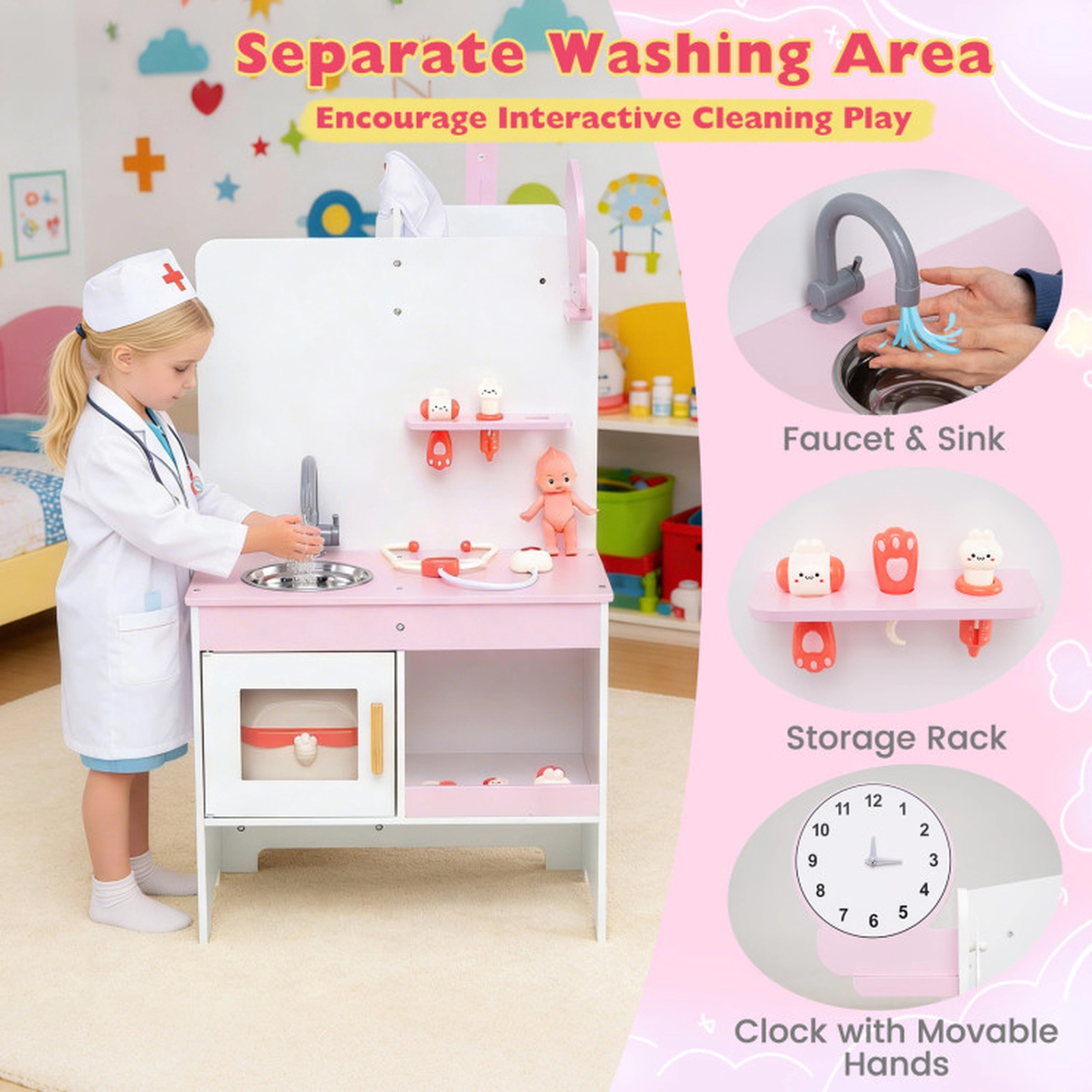 SUGIFT Kids Doctor Play Set with Adjustable Height Bar Medical Station Ages 3-6 with 27 Accessories Pink and White