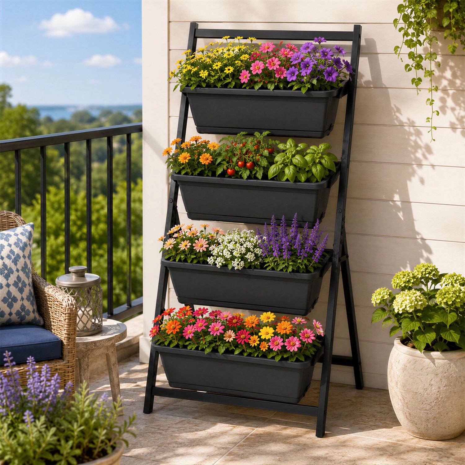 LJG 4-Tier Vertical Raised Garden Bed with Drainage Holes and 4 Containers