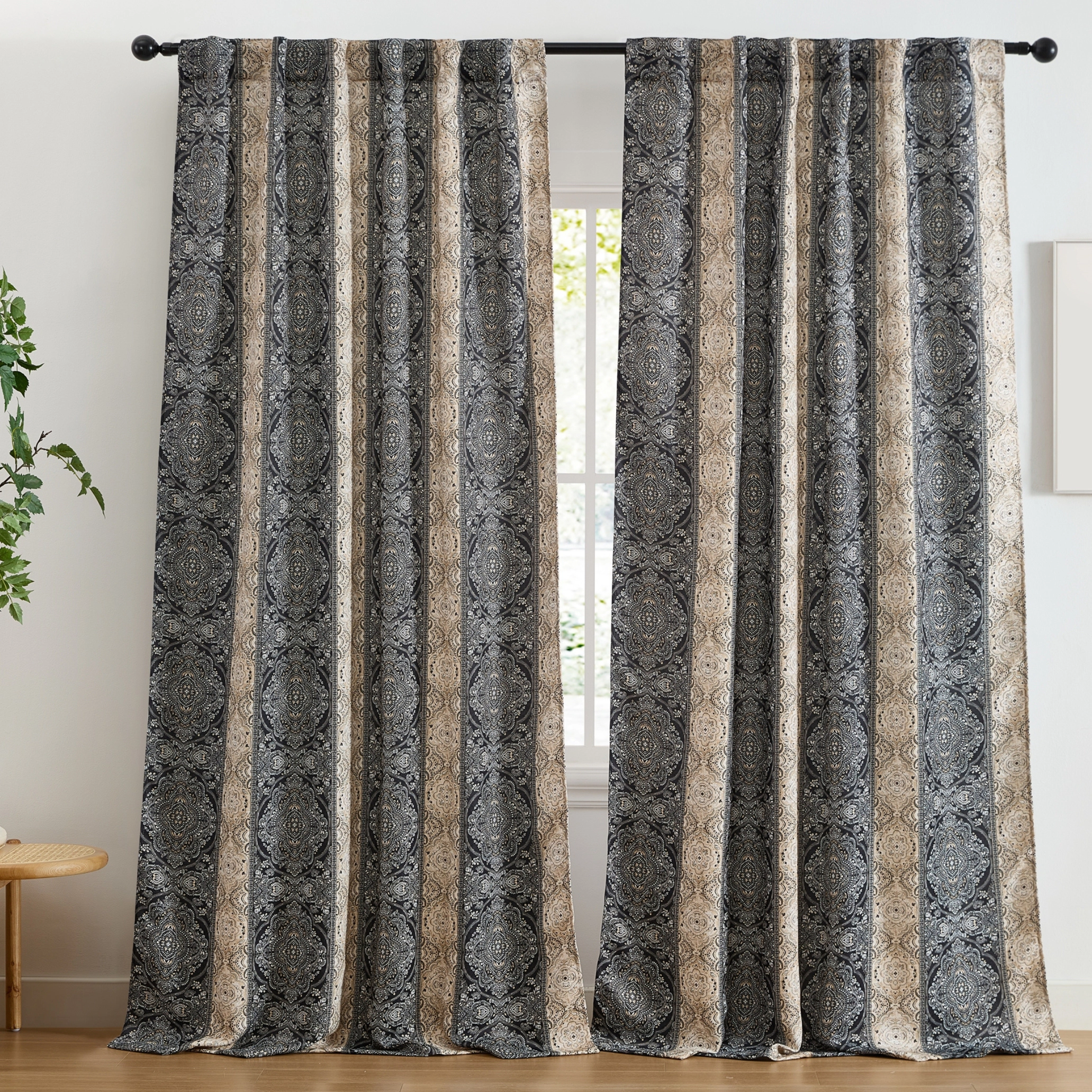 HLC.ME William Boho Damask Striped Back Tab Rod Pocket Curtains - Light Blocking Darkening Window Panels, Set of 2