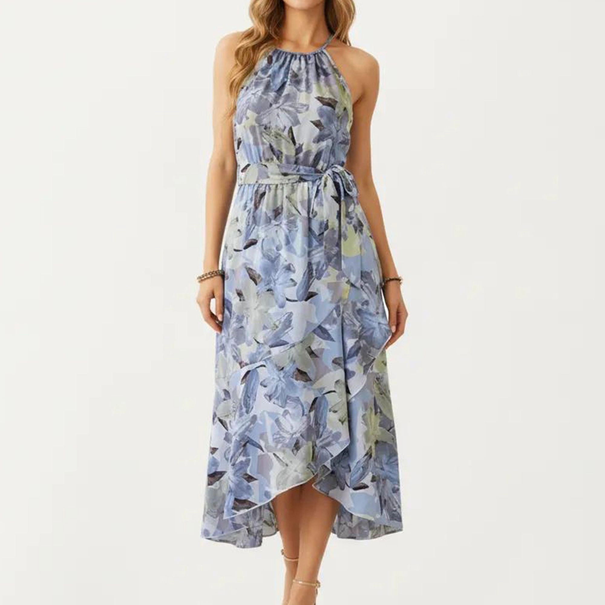 Anna-Kaci Women's Halter Neck Floral Print Asymmetrical Hem Midi Dress