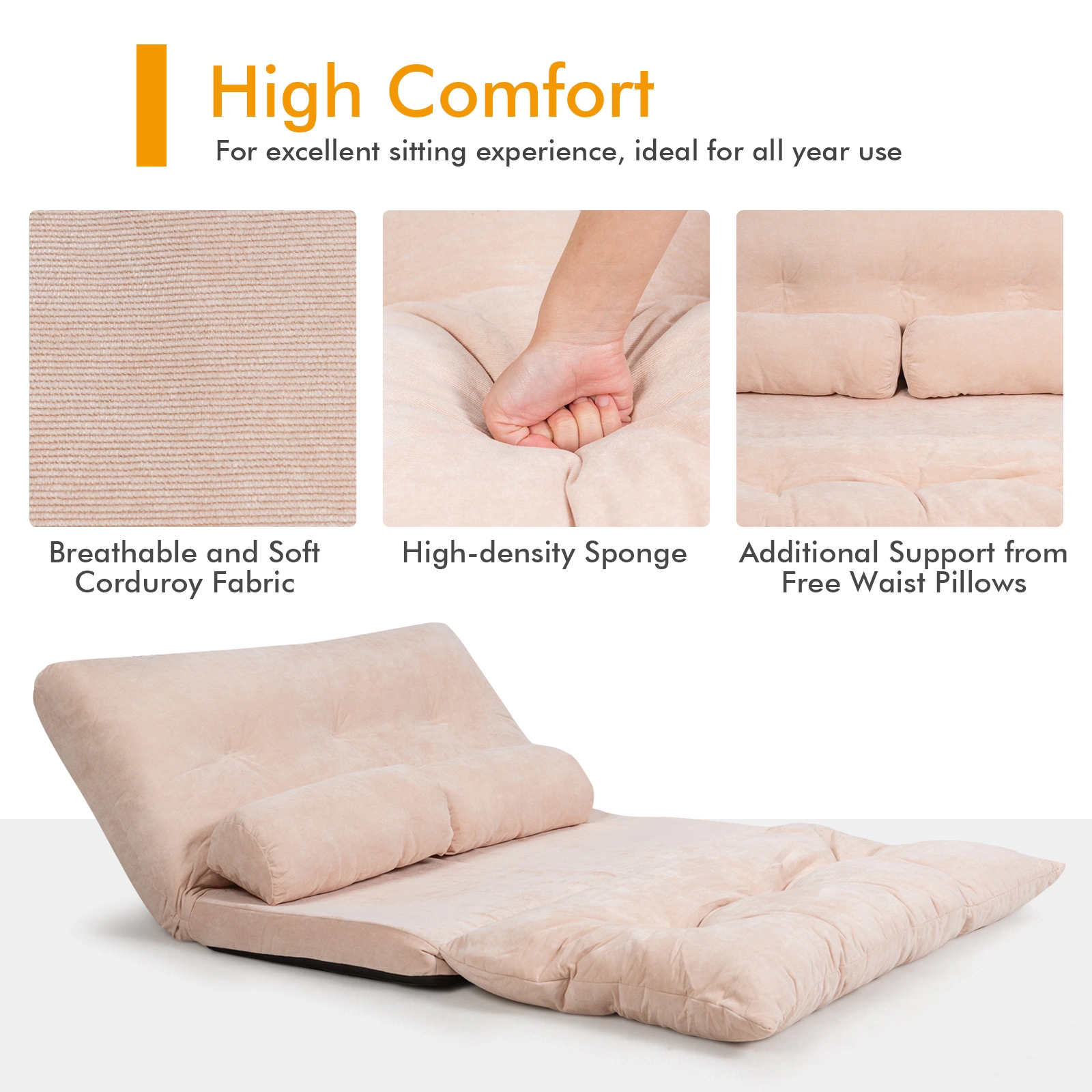 SUGIFT 6-Position Adjustable 330-lb Capacity Beige Corduroy Folding Floor Sofa Bed and Sleeper Couch