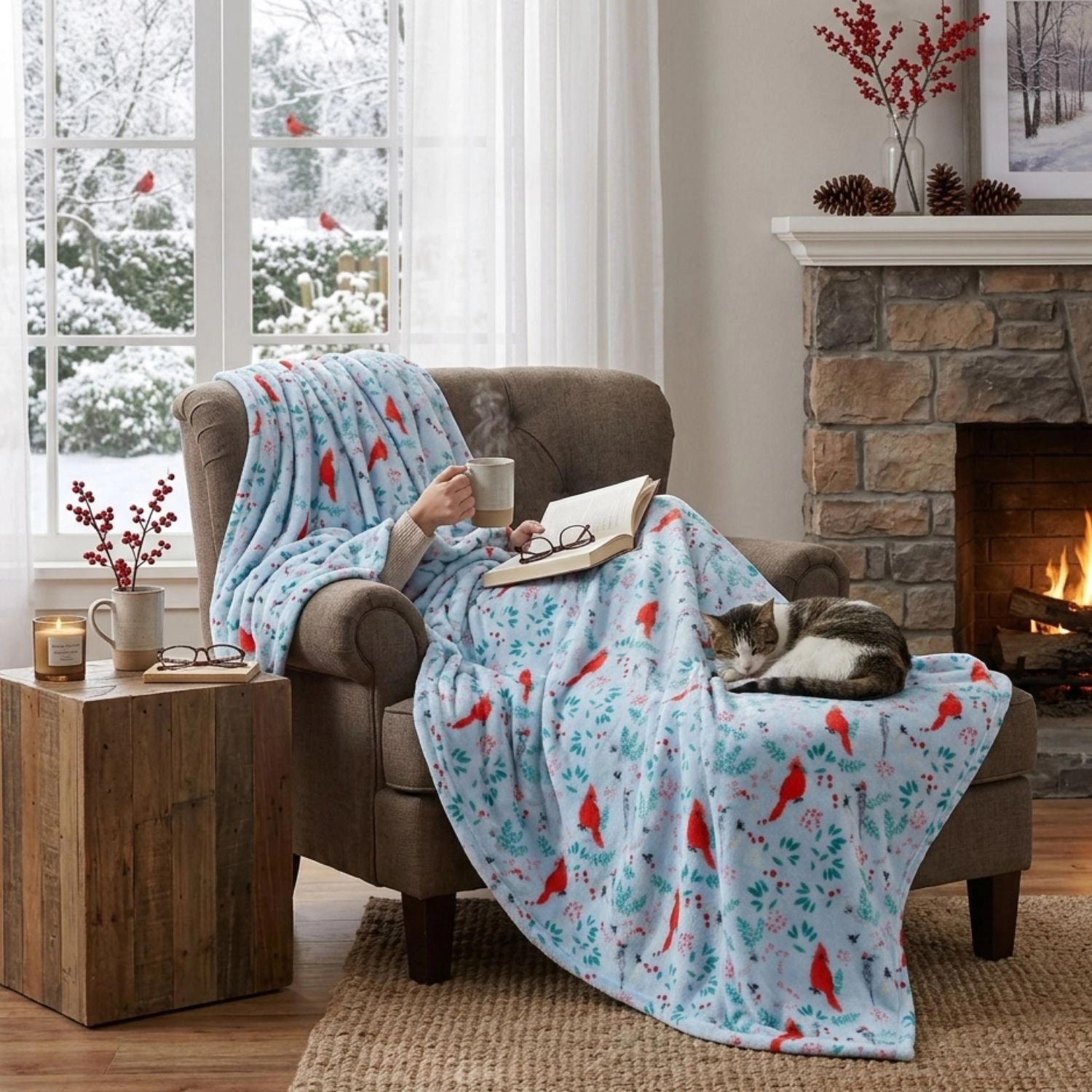 Plazatex 100% Polyester Red Cardinal Birds Nature Inspired Plush Throw Blanket 50" x 60" Blue