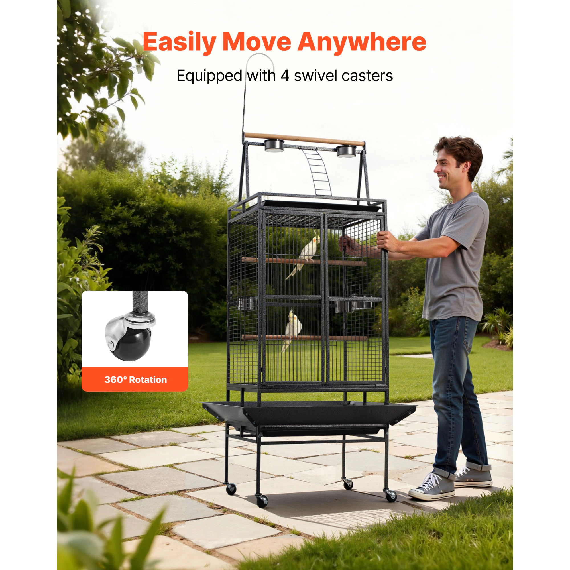 HONGGE Wrought Iron Bird Flight Cage, 32.7"L x 31.1"W x 82.7"H, Open-Top Design with Rolling Casters & Slide-Out Tray