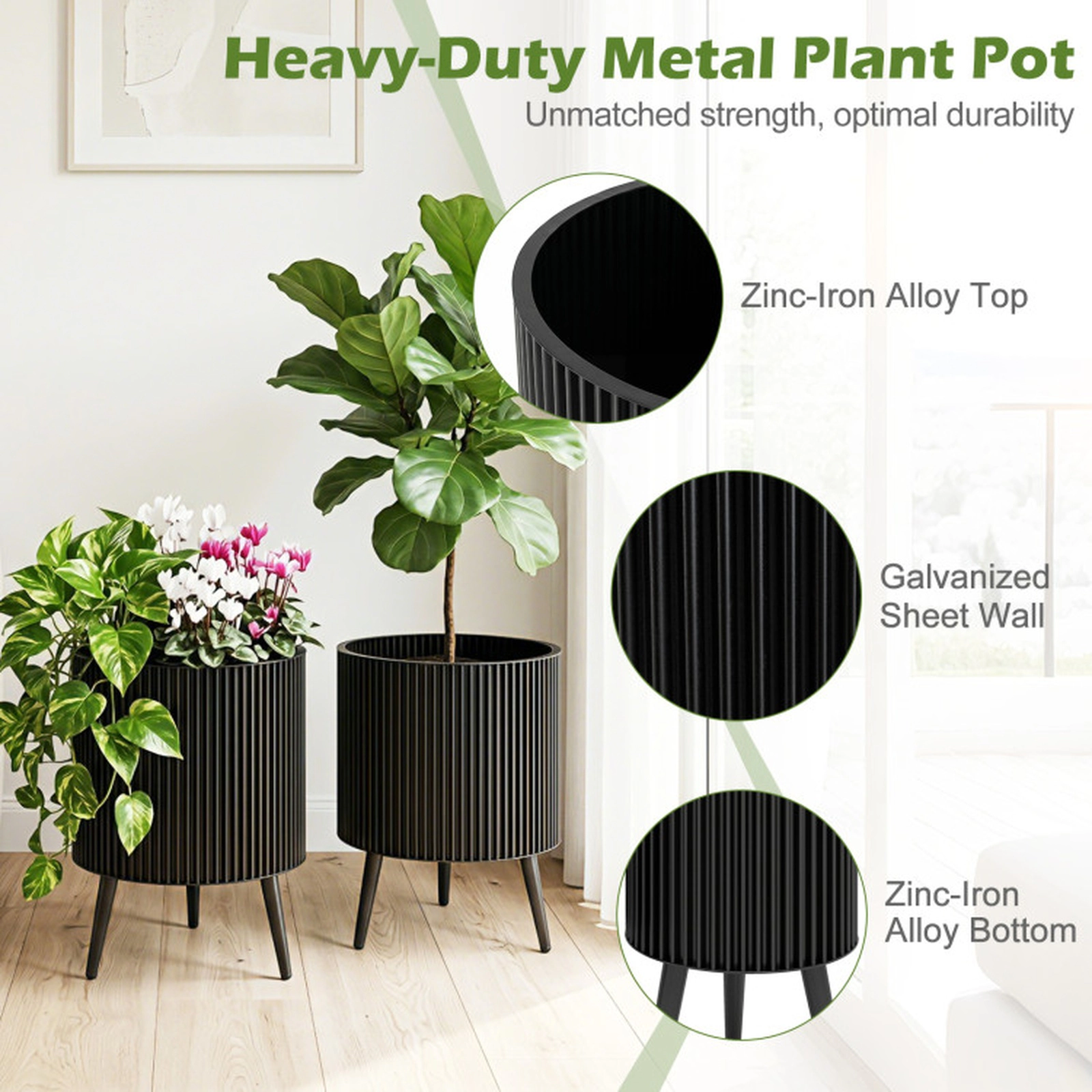 SUGIFT Set of 2 Black Fluted Metal Flower Pots with Stands 14-in Dia and 12-in Dia 21.5-in H 110-lb Pot Capacity