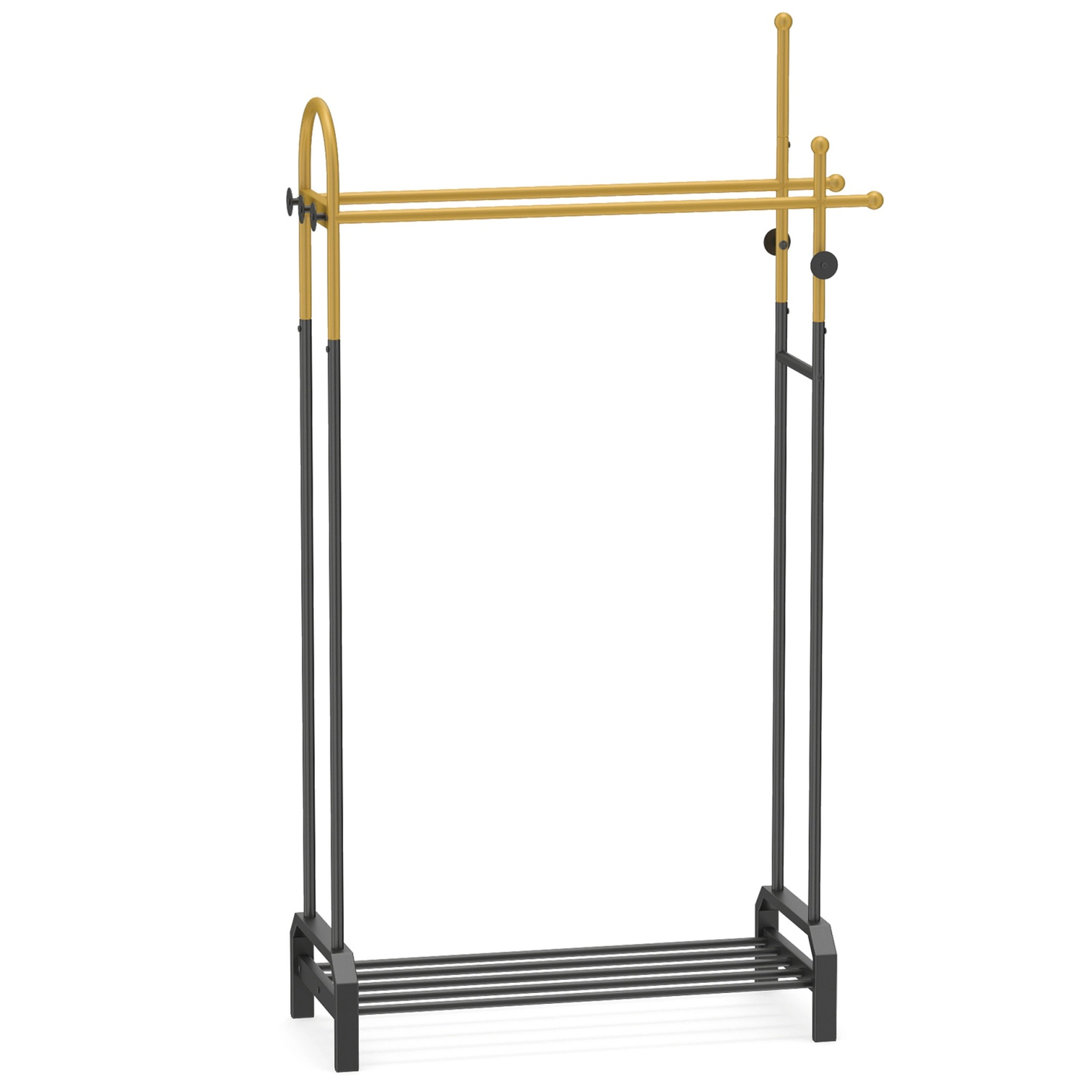 SUGIFT Double Rods Garment Rack with Side Hooks and Bottom Shelf 22-lb Rod Capacity 44-lb Shelf Capacity Gold and Black