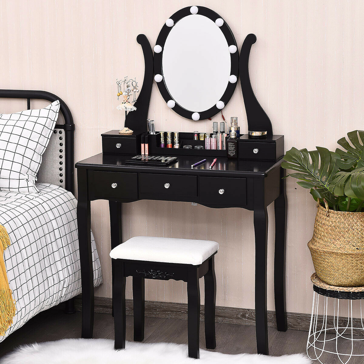 LJG 10 Dimmable Lights Vanity Table Set with Lighted Mirror and Cushioned Stool