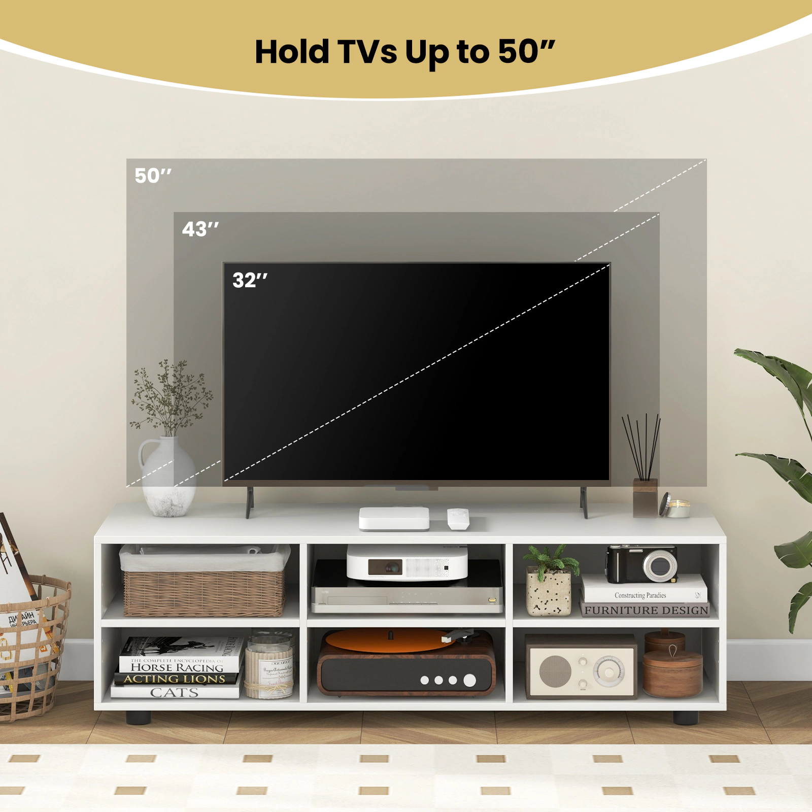 SUGIFT TV Stand with 6 Storage Compartments for TVs up to 55 in 135-lb Top Capacity 25-lb Shelf Capacity White