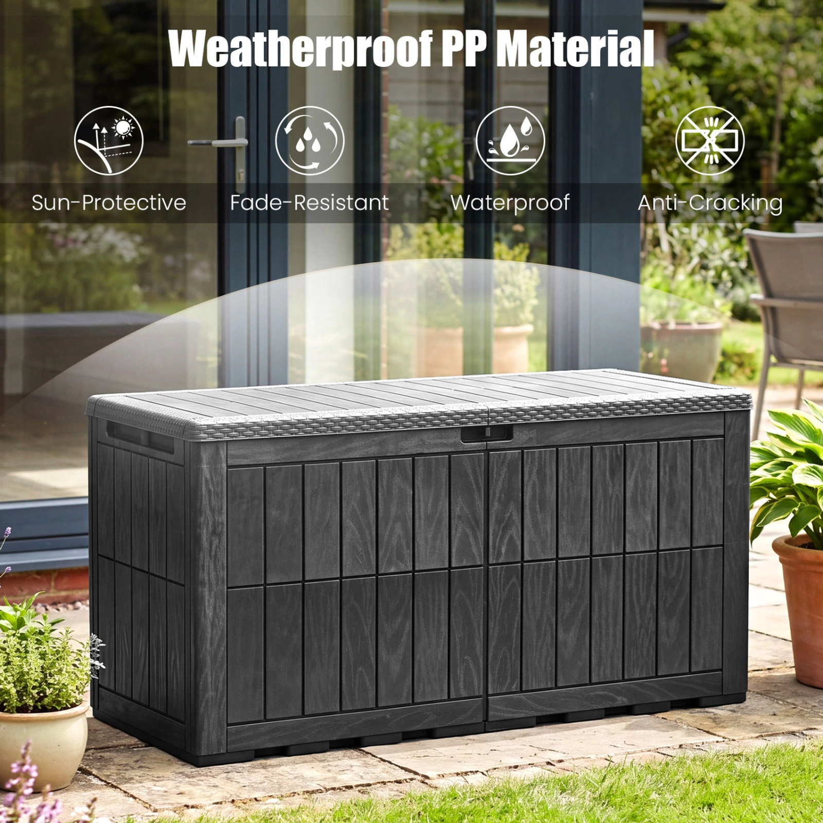 SUGIFT 120 Gal Outdoor Deck Storage Box with Lid and Handles 540-lb Seating Capacity Black