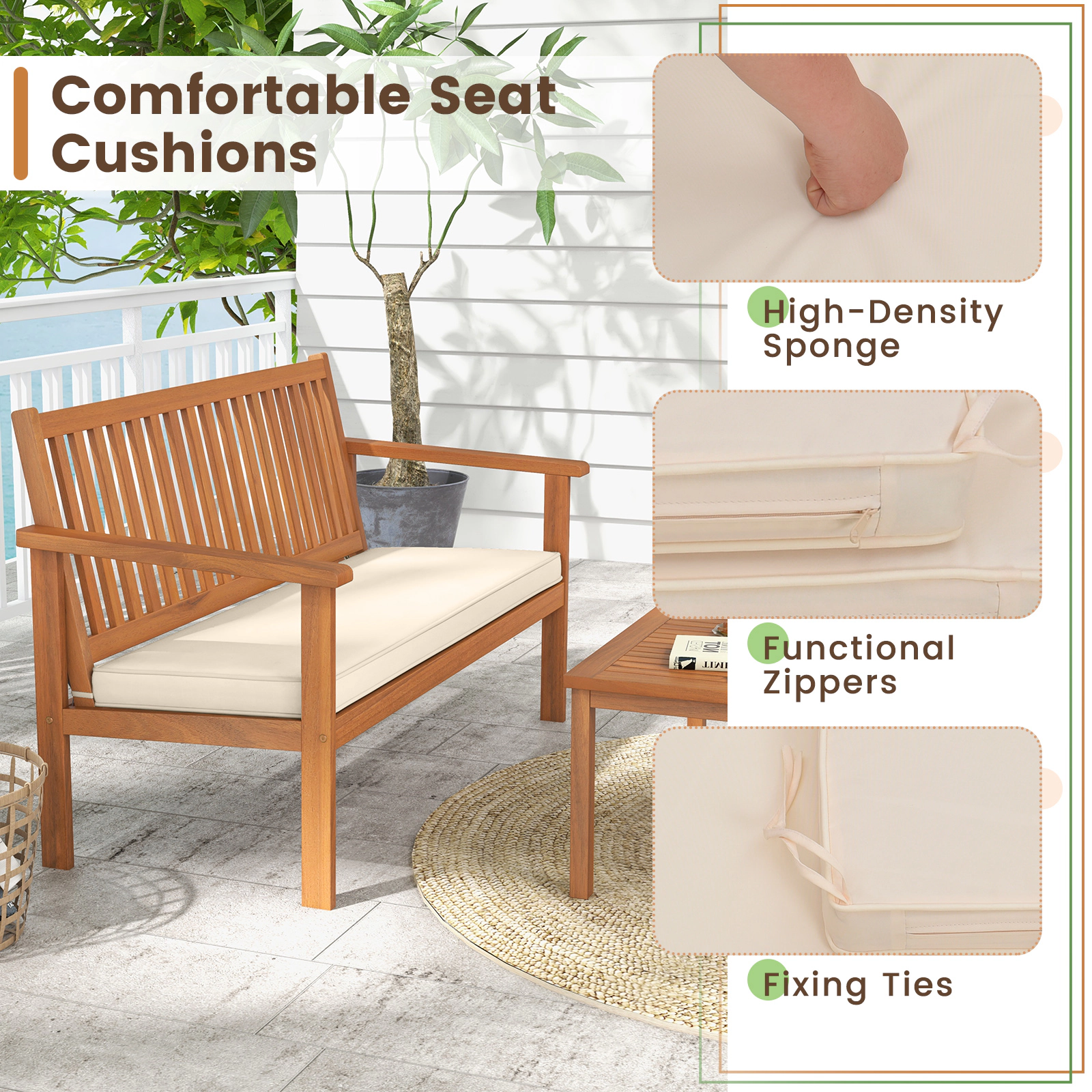 SUGIFT 4 Piece Acacia Wood Patio Conversation Set Loveseat 800-lb Capacity 47.5 x 24 x 31 in Loveseat Off White Cushions