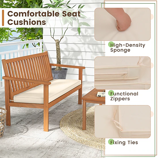 SUGIFT 4 Piece Acacia Wood Patio Conversation Set Loveseat 800-lb Capacity 47.5 x 24 x 31 in Loveseat Off White Cushions