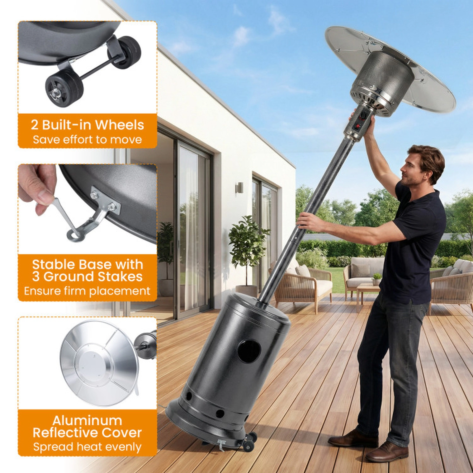 SUGIFT Gray Propane Patio Heater with Stainless Steel Burner and 20-ft Heat Range 50000-BTU 32.5-in W 86-in H