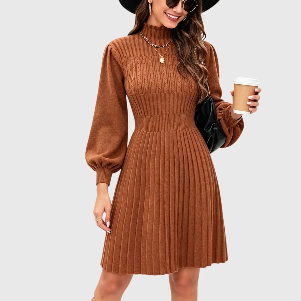 YesFashion Women's Pleated Sweater Dress Mock Neck Puff Sleeve Cable Knit Midi
