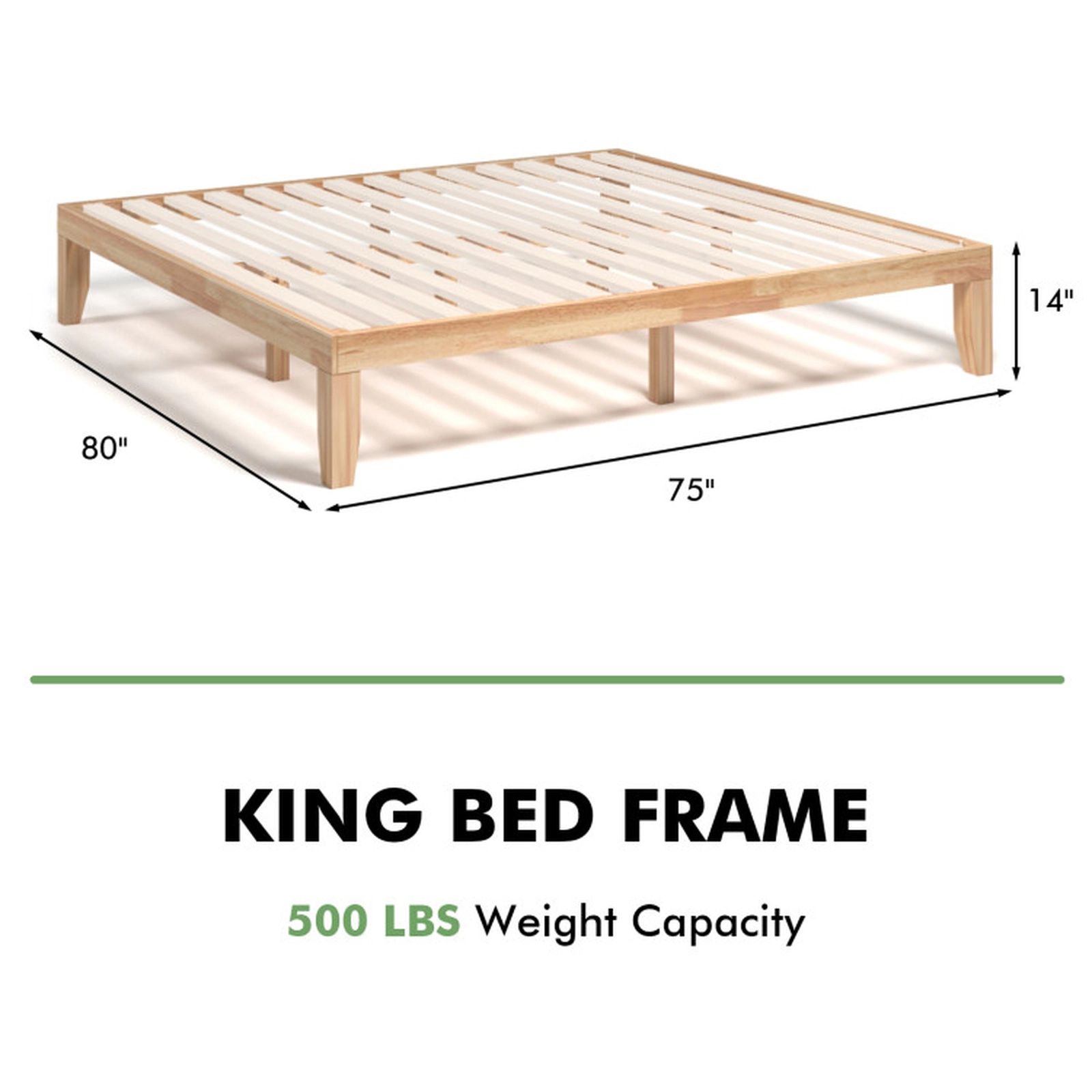 SUGIFT Slat Support 14 Inch King Rubber Wood Platform Bed Frame
