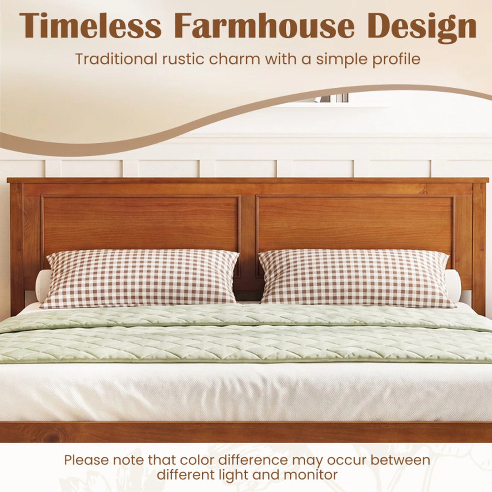 SUGIFT Walnut Panel Headboard Queen Size Farmhouse Wooden Platform Bed Frame
