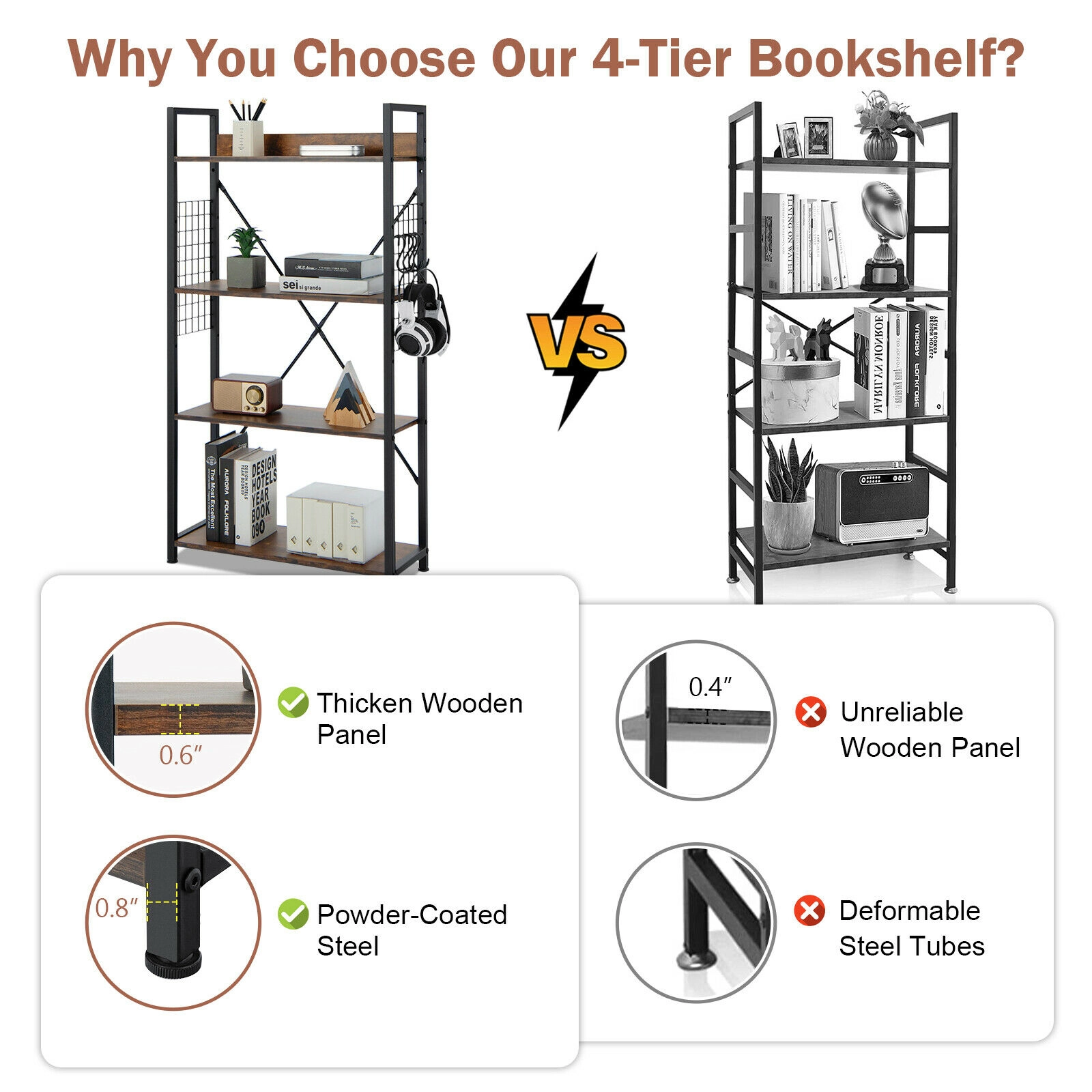 SUGIFT 4-Tier Industrial Open Storage Bookshelf with Adjustable Shelf 220-lb Capacity Coffee
