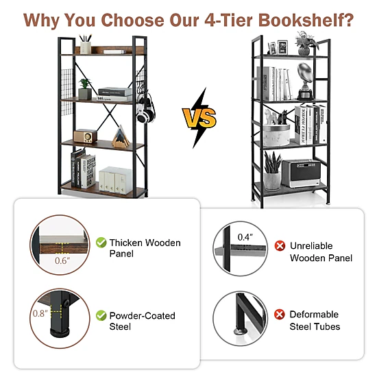 SUGIFT 4-Tier Industrial Open Storage Bookshelf with Adjustable Shelf 220-lb Capacity Coffee