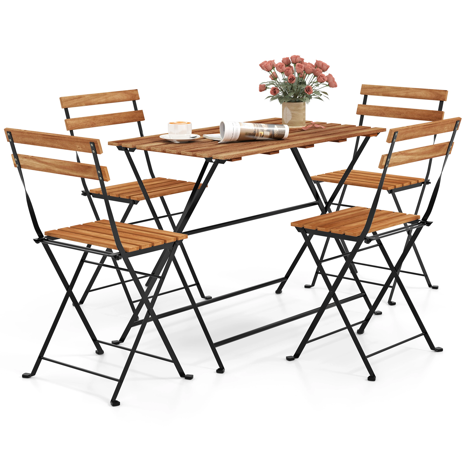 LJG 5 Piece Patio Acacia Wood Dining Set with 4 Folding Chairs