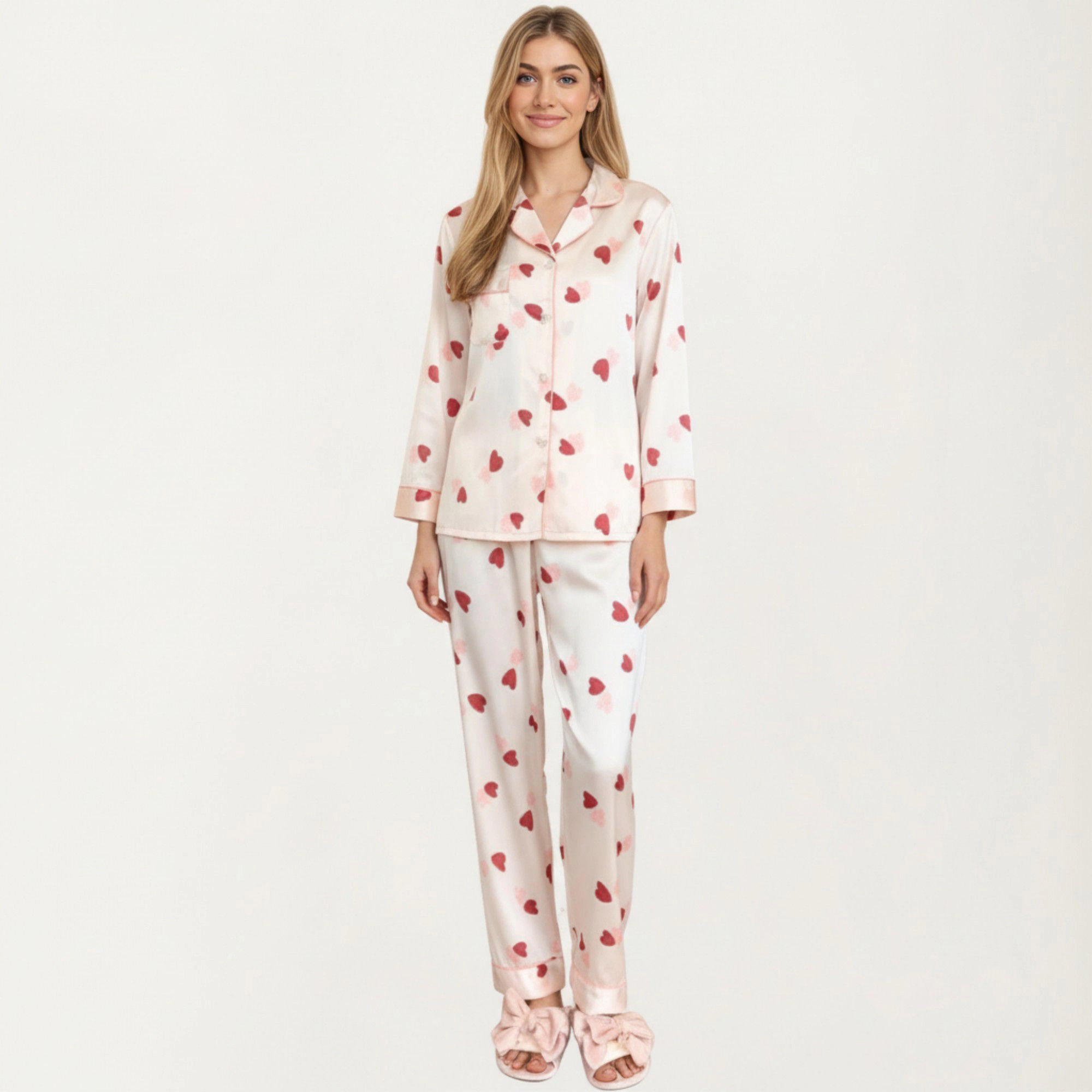 Anna-Kaci Women's 2-Piece Satin Valentine Heart Print Pajama Top Contrast Piping Matched Relaxed Straight Leg Pants