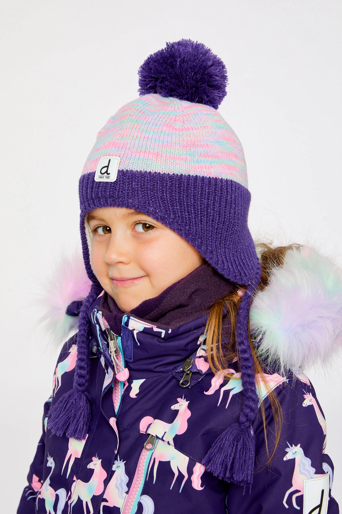 Deux par Girls Vertical Striped Winter Peruvian Knit Hat with Pompom
