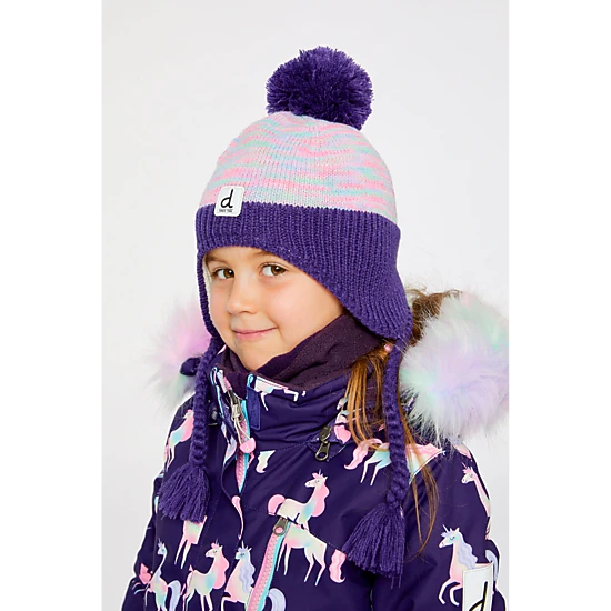 Deux par Deux Girls Vertical Striped Winter Peruvian Knit Hat with Pompom