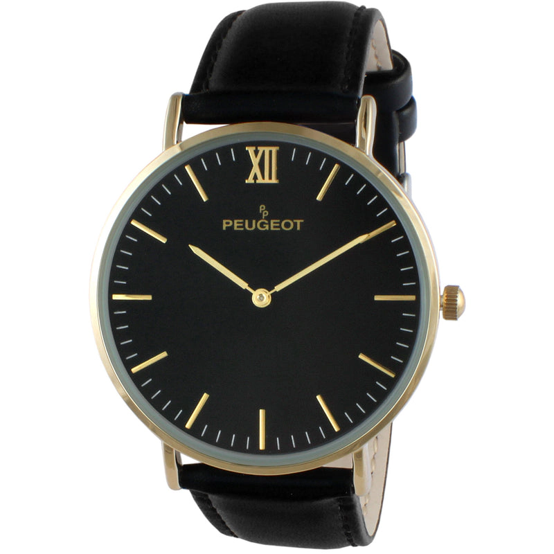 Peugeot Men's 40mm Black Dial Super Slim Leather Strap Watch