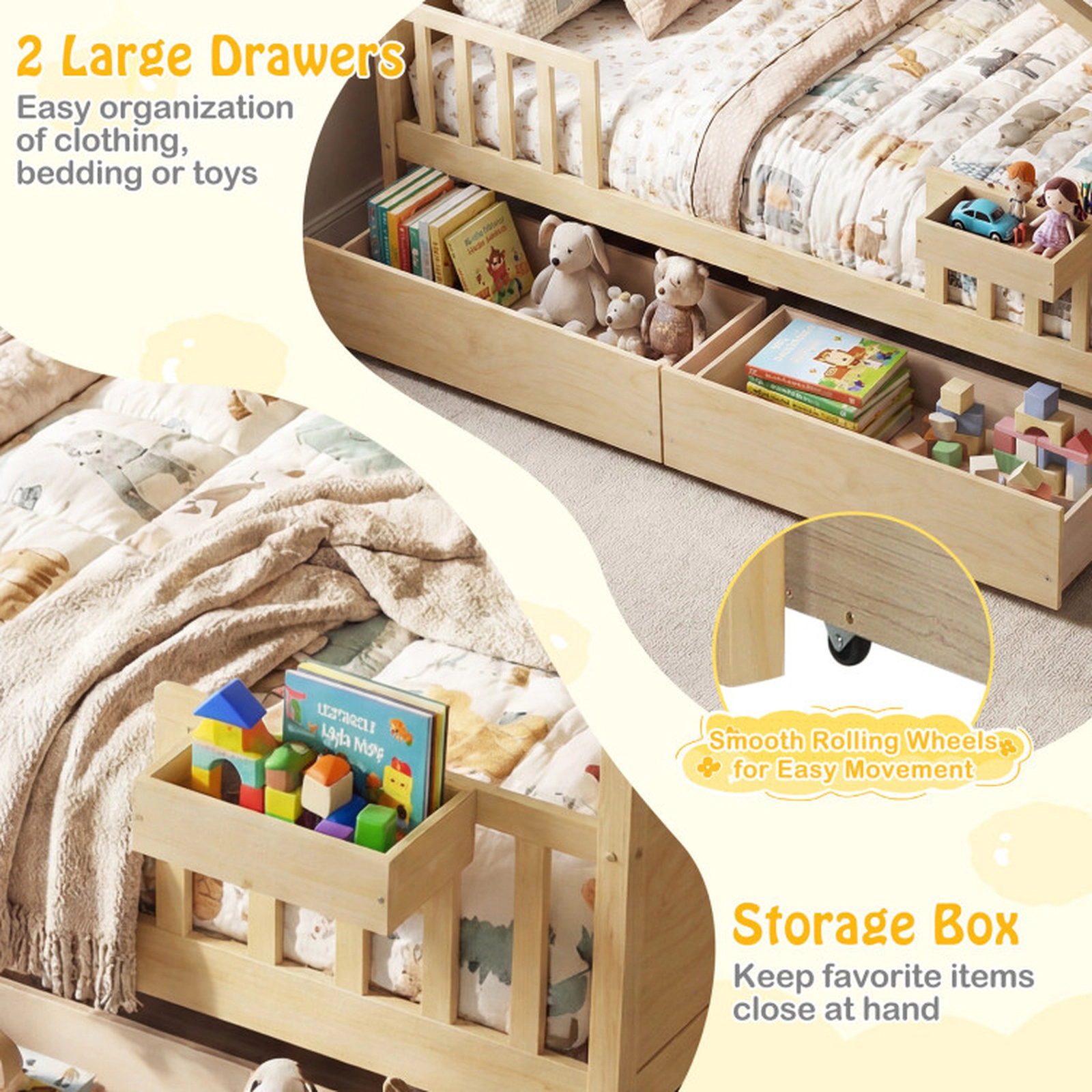 SUGIFT Natural Roof Fence Rails and 2 Drawers Full Size Kids Wooden House Bed