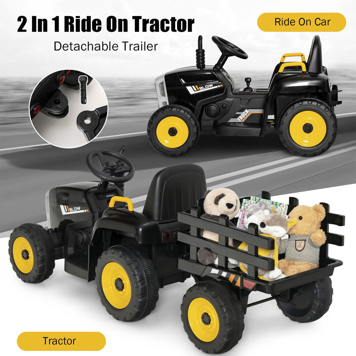 SUGIFT 12V Black Kids Ride-On Tractor with Detachable Trailer 3 Gear Shift and Remote 66-lb Rider Capacity