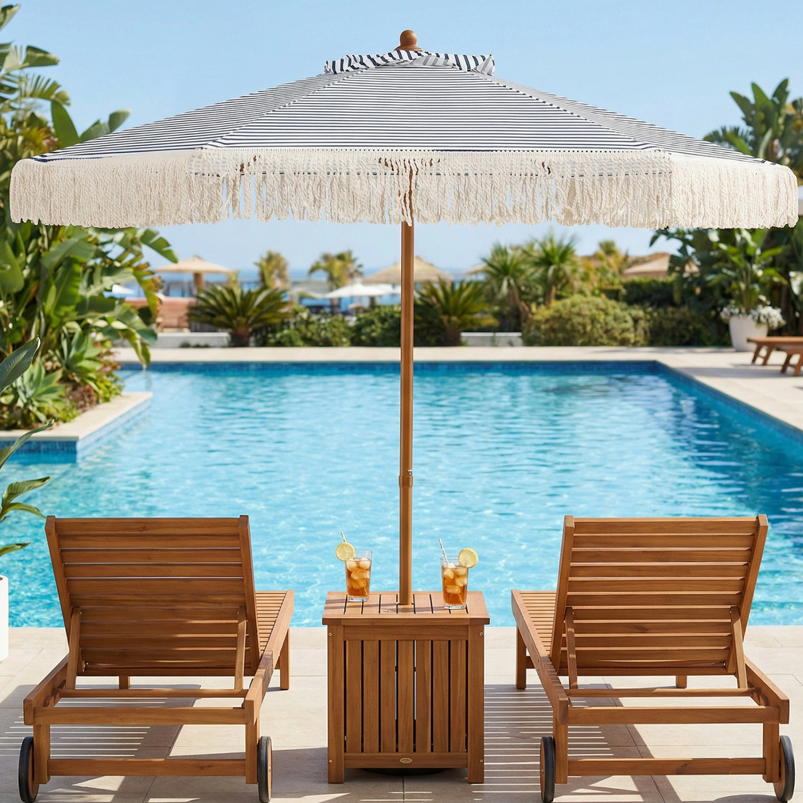 SUGIFT 7-ft Striped Patio Umbrella with Fringe Boho Tassel Sun-Protective Beach Umbrella Blue White Natural
