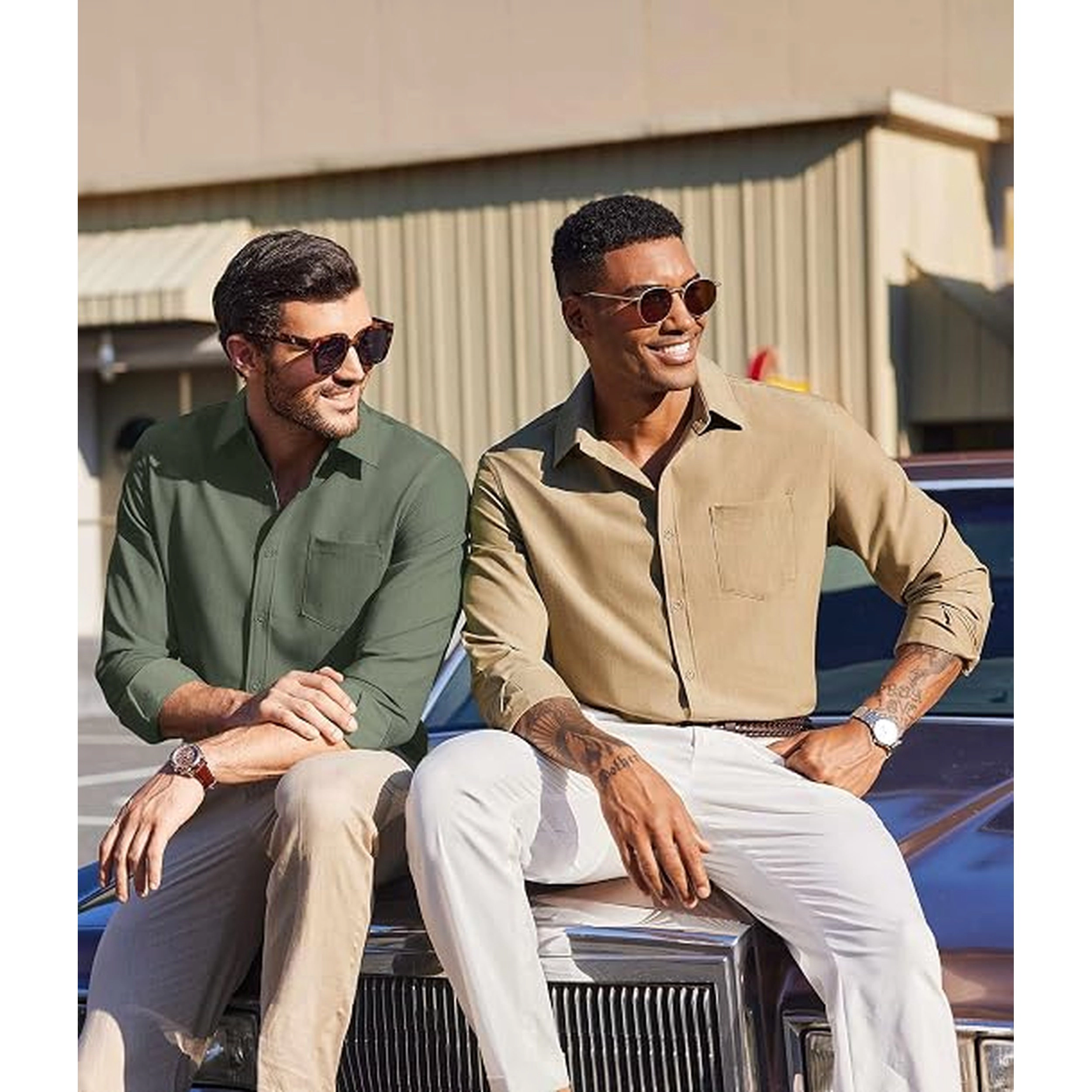 COOFANDY Mens Long Sleeve Button Down Shirts Spread Collar Chest Pocket Casual Tops