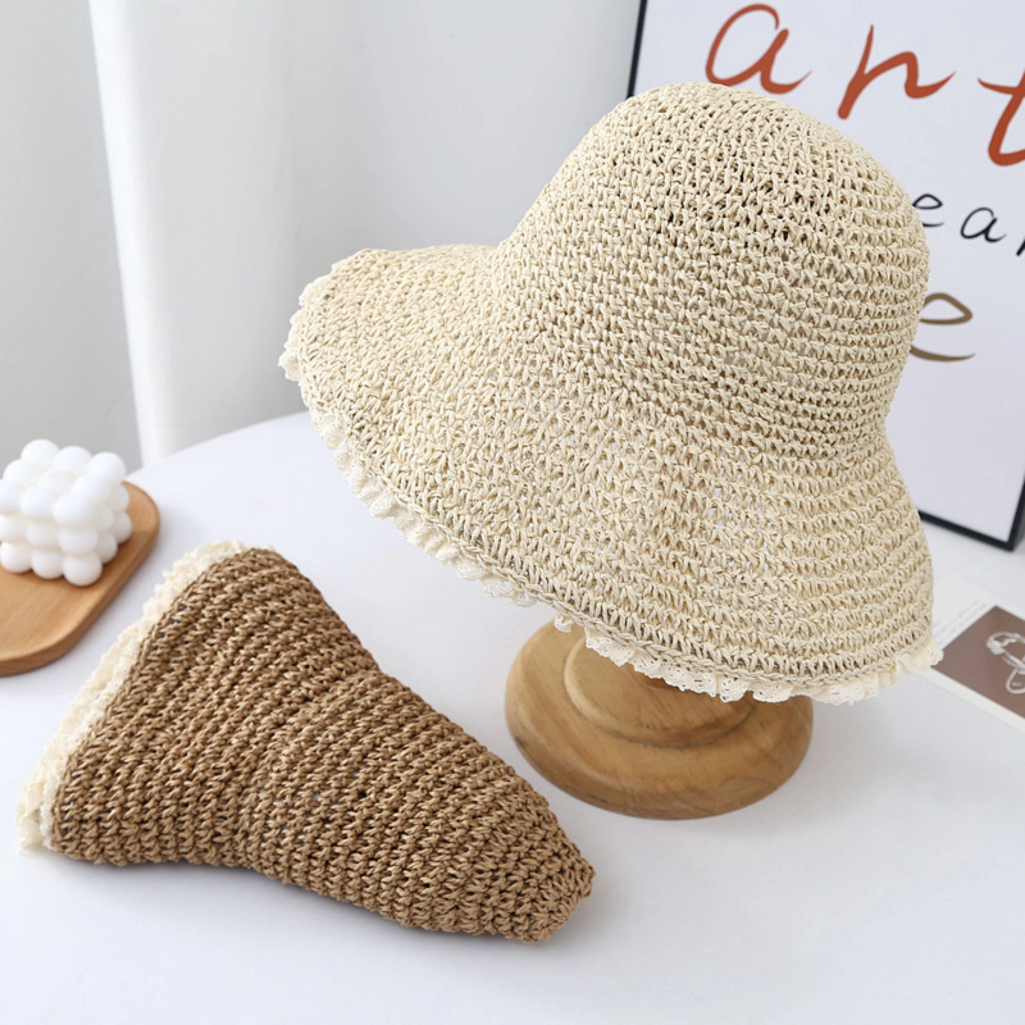 Anna-Kaci Women's Women Straw Bucket Hat Wide Brim Lightweight Sun with Lace Trim Detail