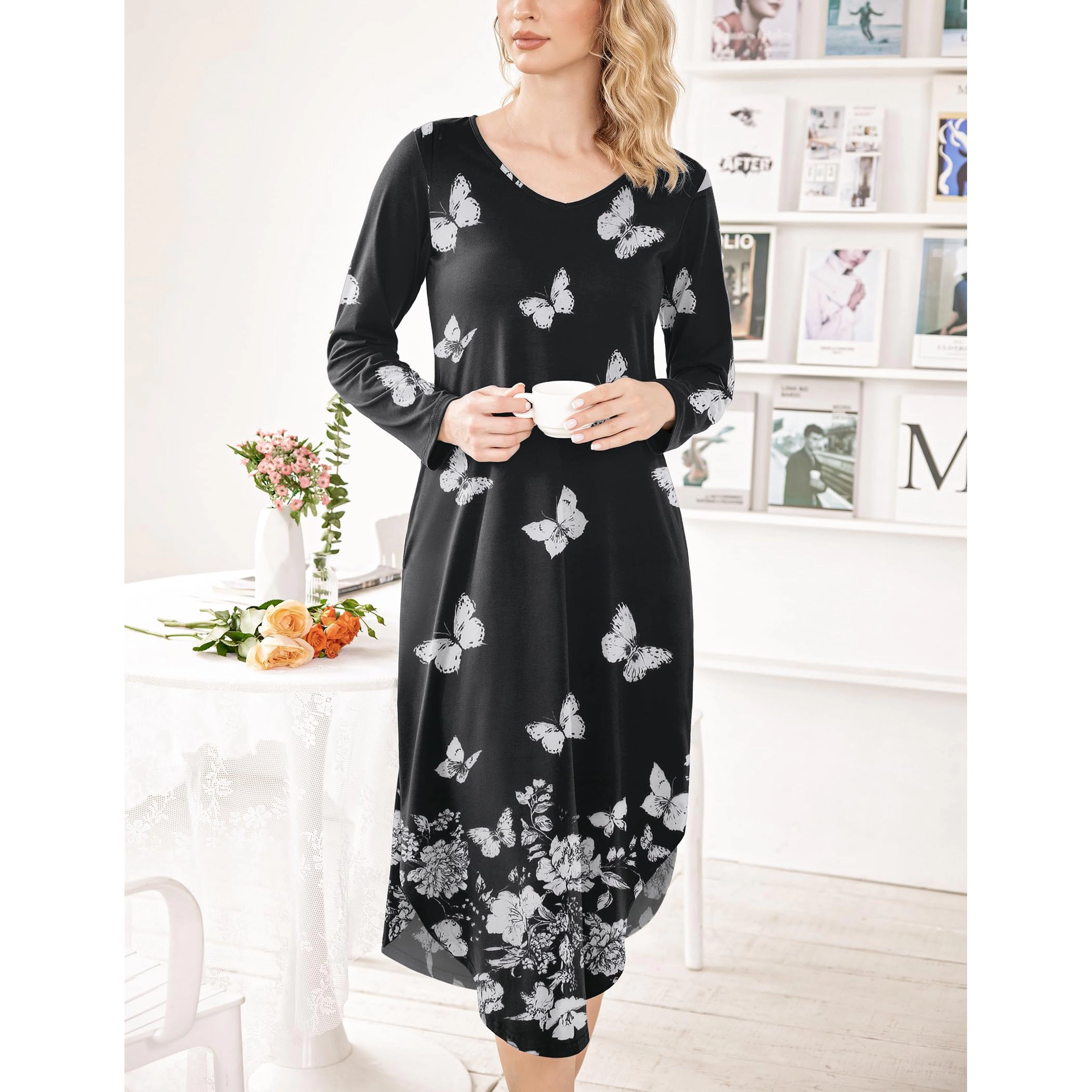 Ekouaer Womens Nightgown V Neck Nightshirts Long Sleeve Sleepwear with Pockets