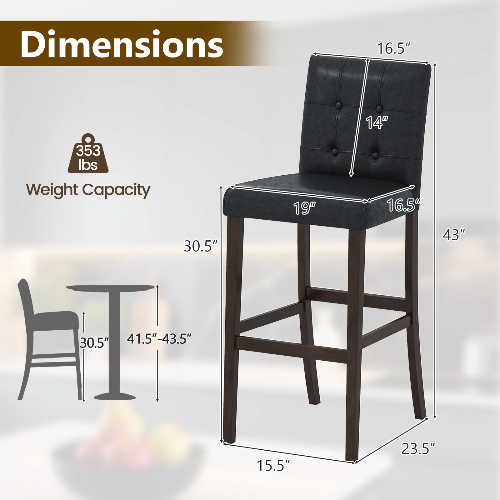 SUGIFT Set of 2 PVC Dining Leather Bar Stools Solid Wood Legs 243-lb Capacity 39-in Tall Upholstered Seat & Back Black