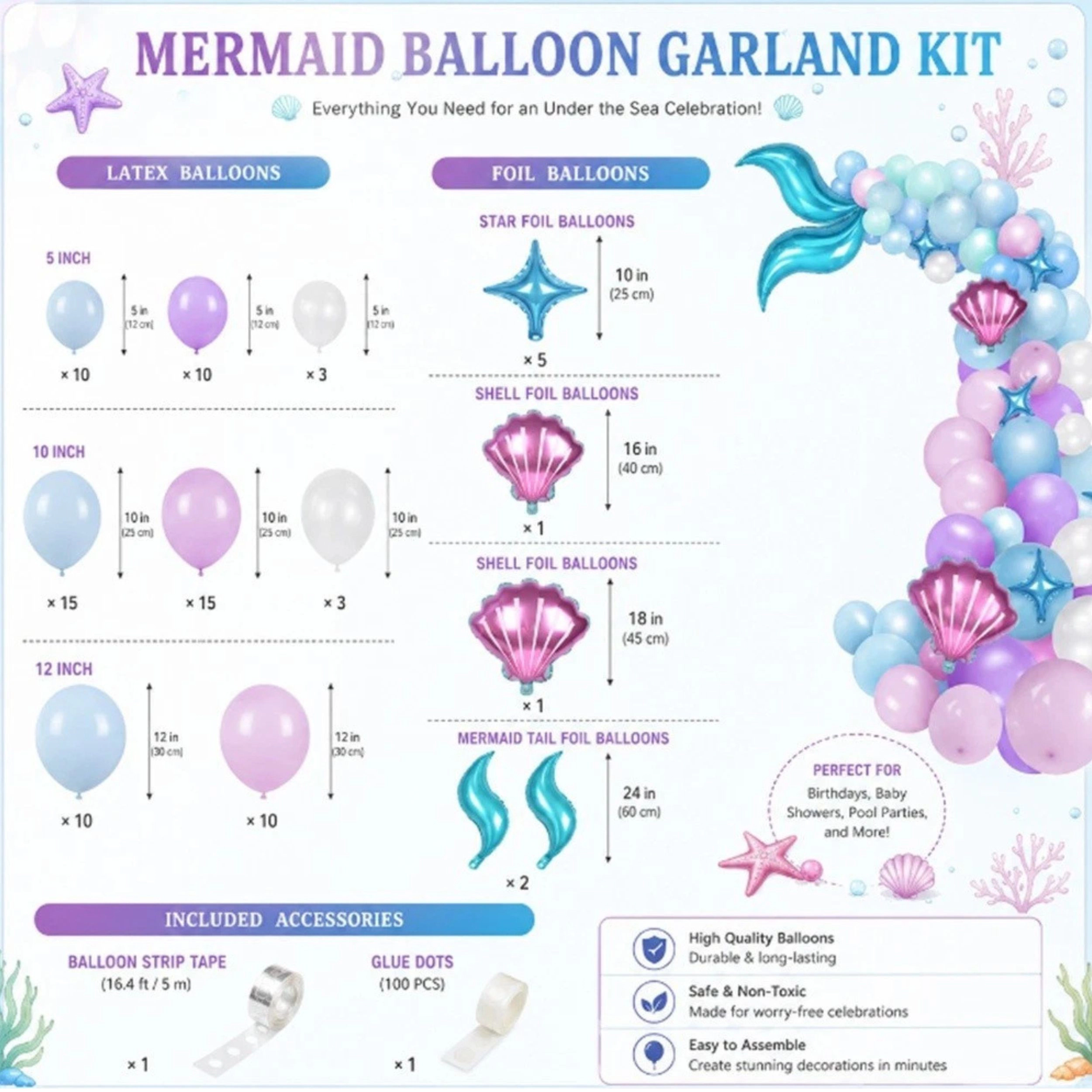 Home Collection 87-Piece Mermaid Balloon Garland Kit Under the Sea Party Decoration
