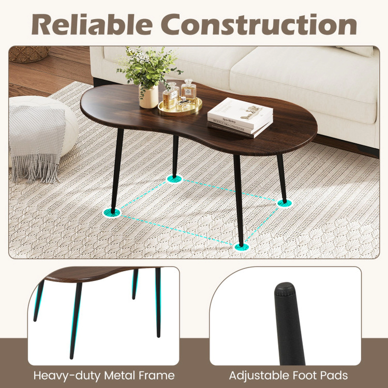 SUGIFT Cloud Shape Irregular Coffee Table 110-lb Capacity Walnut