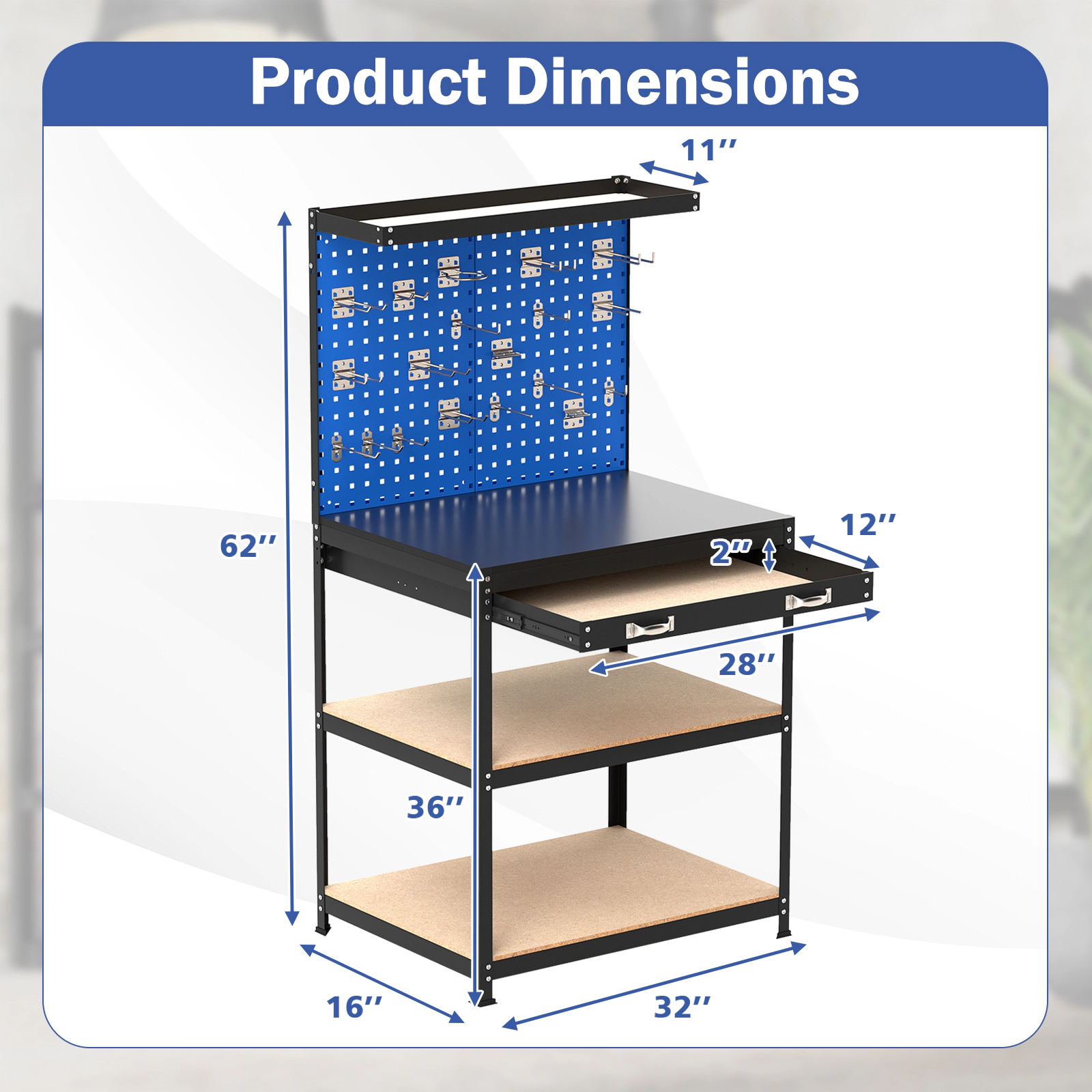 SUGIFT 2 Pegboards Drawer Shelves Workbench Tool Table 32-in x 16-in x 62-in 495-lb Capacity 220-lb Tabletop Navy