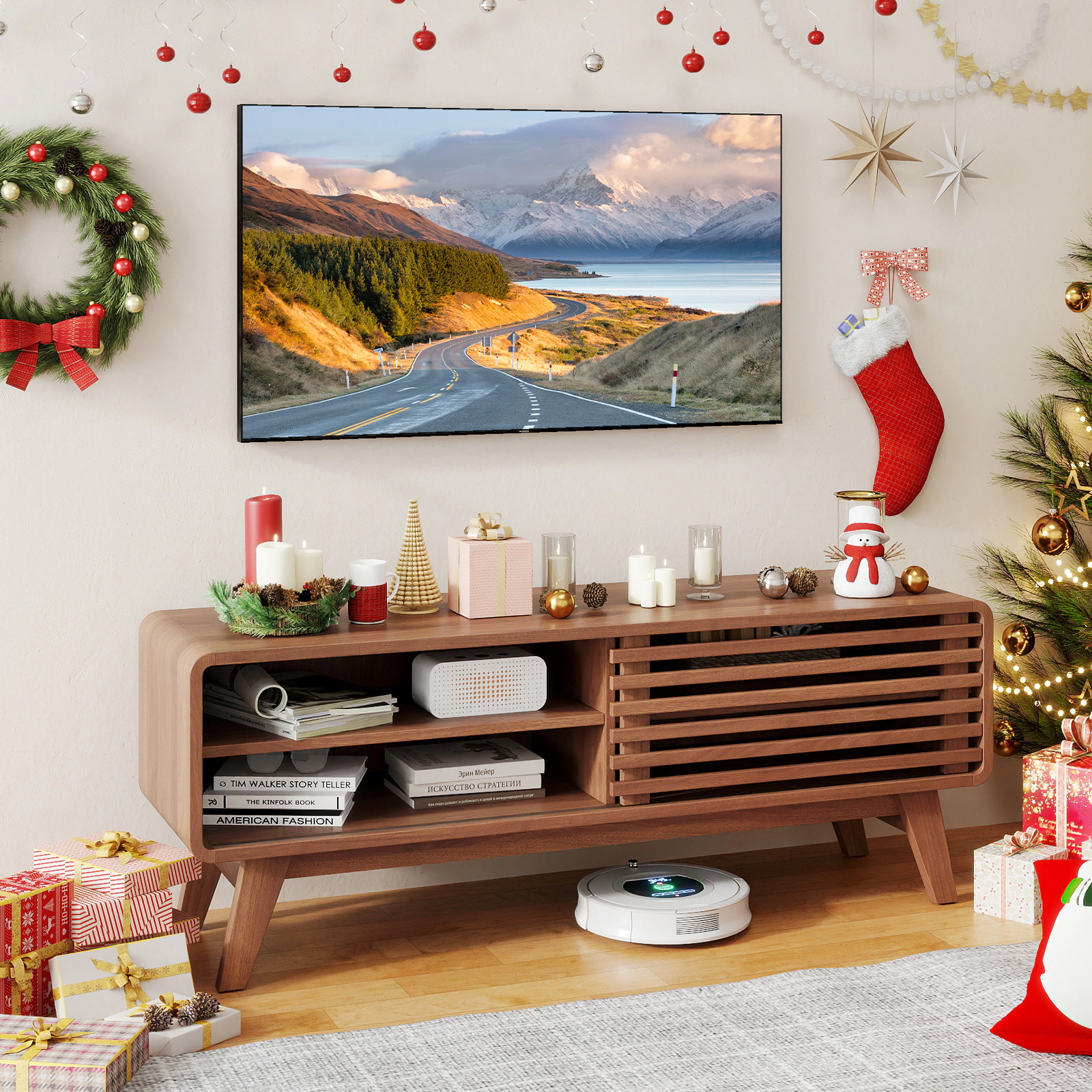 SUGIFT Sliding Door TV Stand for TVs up to 55 in with Adjustable Shelves 220-lb Top Capacity Walnut