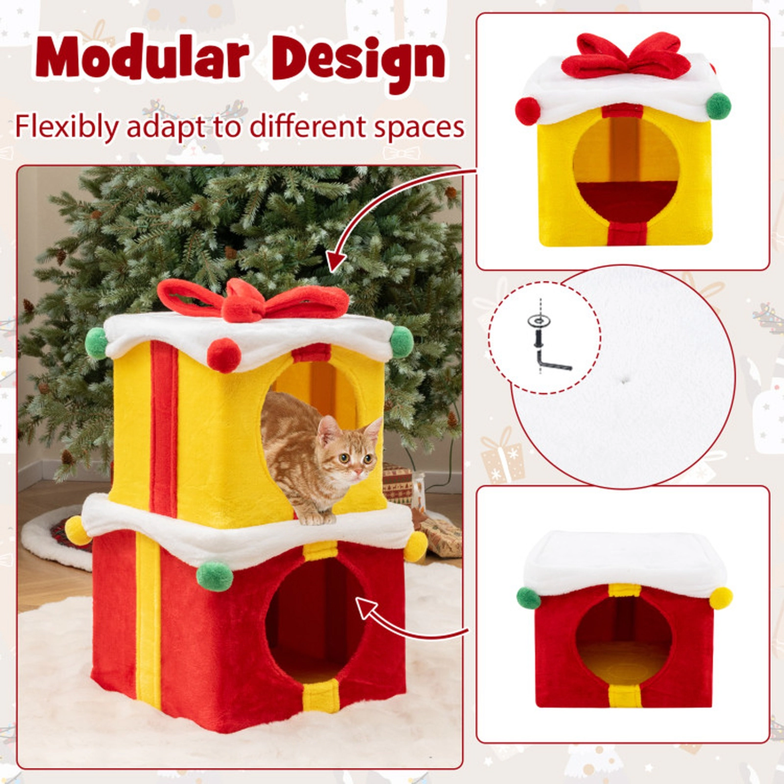 SUGIFT 2-Piece Gift Box Shaped Christmas Cat House with Stackable Double Condos 27-in Tall 22-lb Capacity Red and Yellow