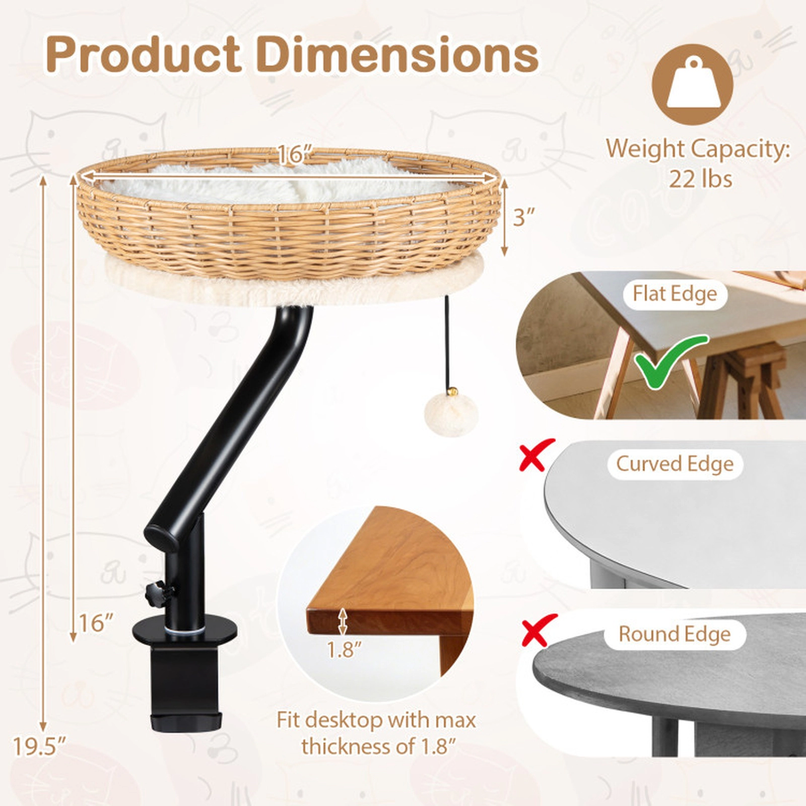 SUGIFT 16 x 19.5-in 22-lb Capacity Natural PE Rattan Cat Desk Bed with Removable Plush Cushion and Jingling Ball