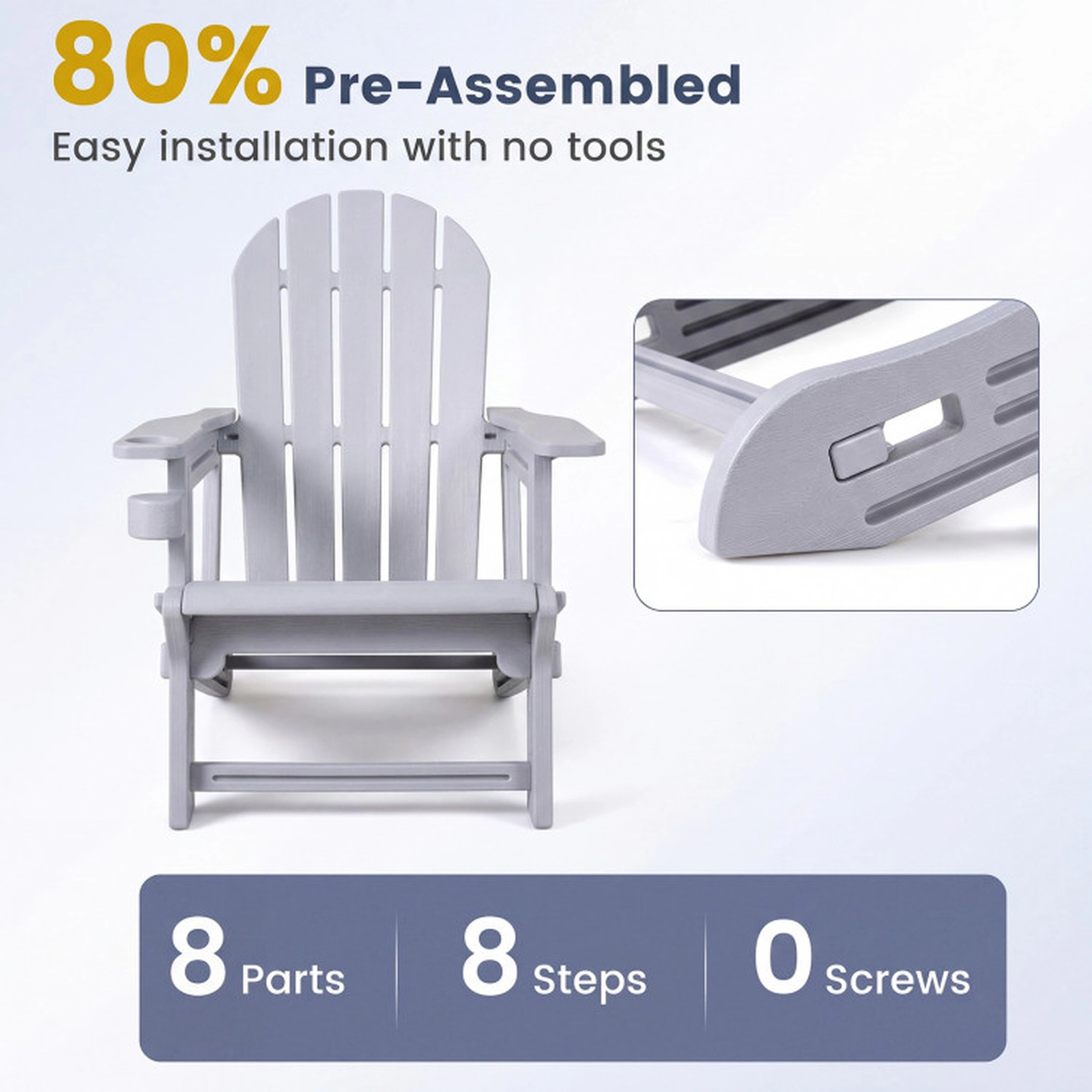 SUGIFT HDPE Adirondack Chair with Cup Holder and Wood-Like Texture 330-Lb Capacity Gray