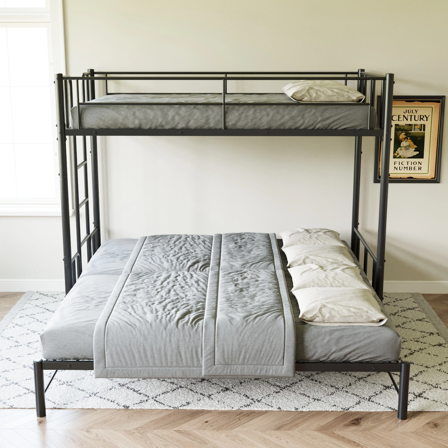 Flynama Twin Metal Pull-Out Bunk Bed with Guardrail & Ladder, Space Saving, Black