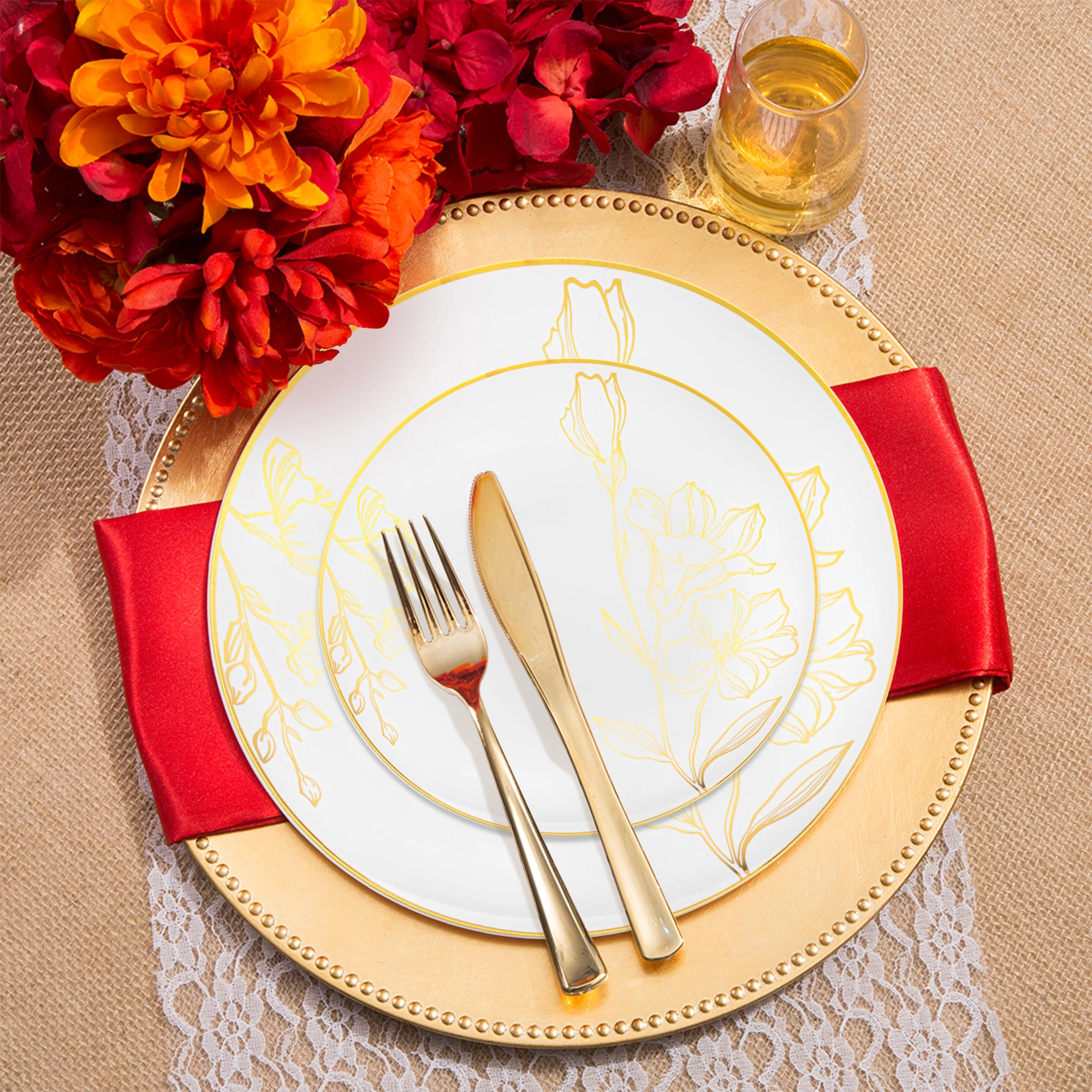 Smarty Had A Party White with Gold Antique Floral Round Disposable Plastic Wedding Value Set