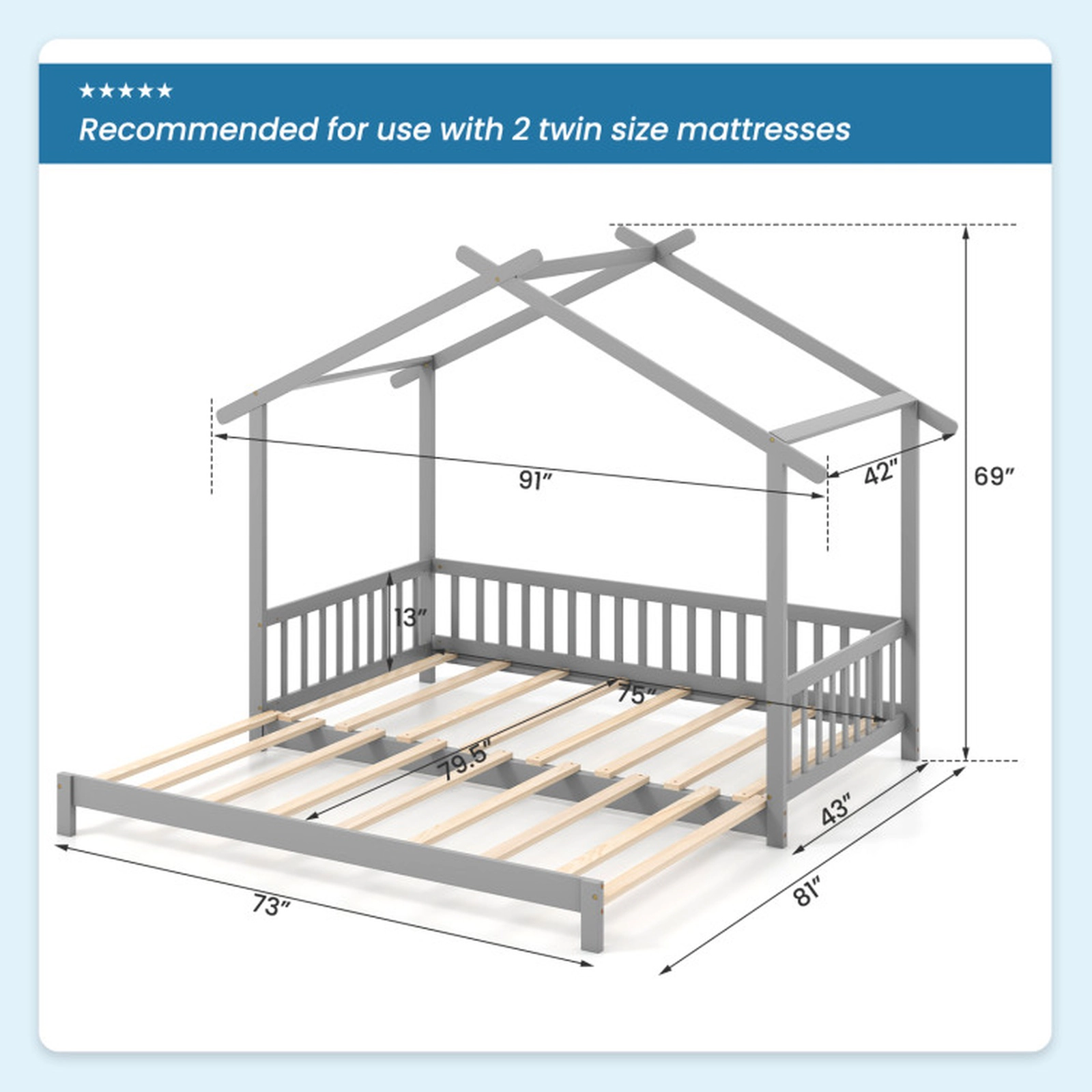 SUGIFT Extendable House Twin to King Daybed with Roof and Fence Rails 330-lb Capacity Gray