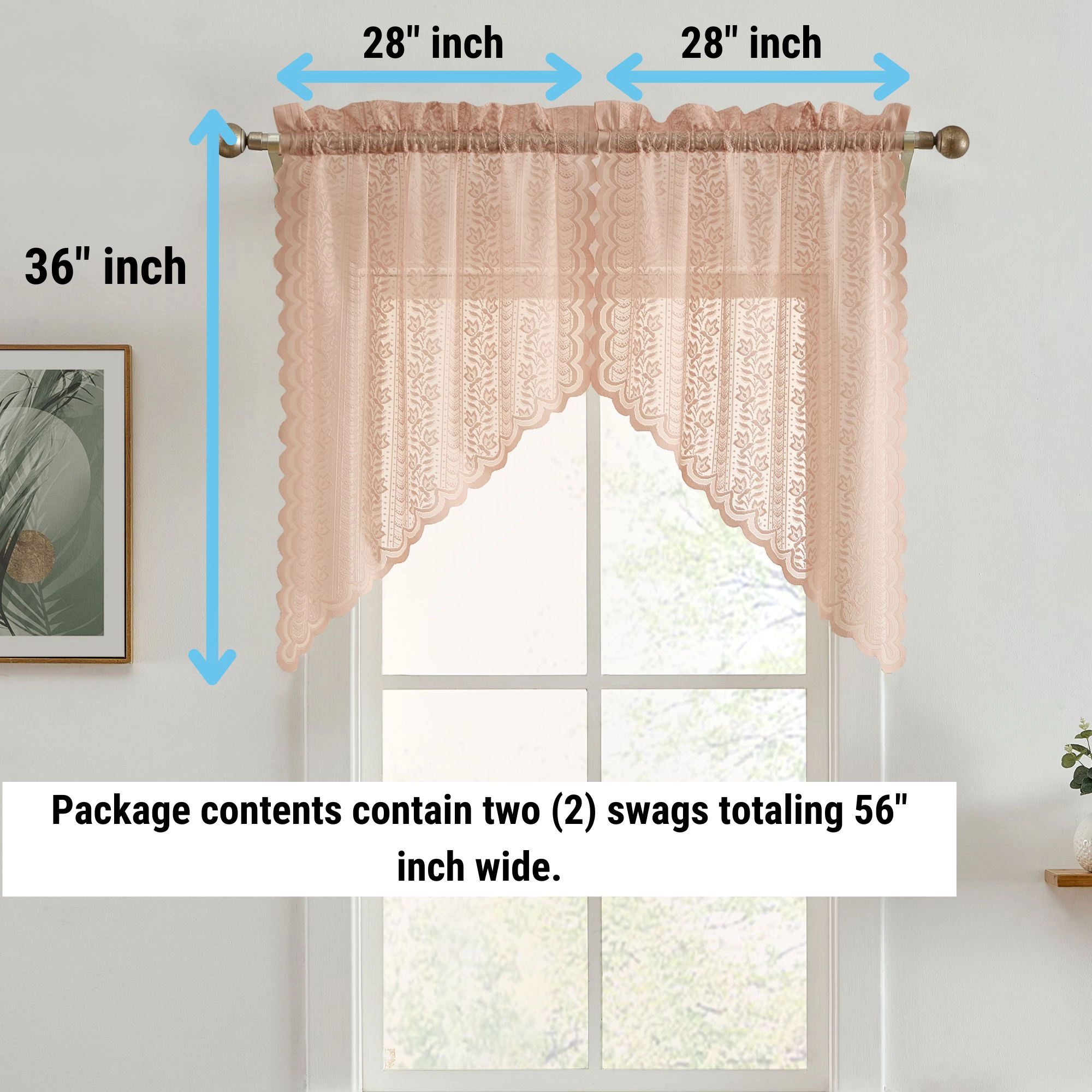 HLC.ME Sophia Floral Rod Pocket Lace Short Cafe Swags for Small Windows - Set of 2
