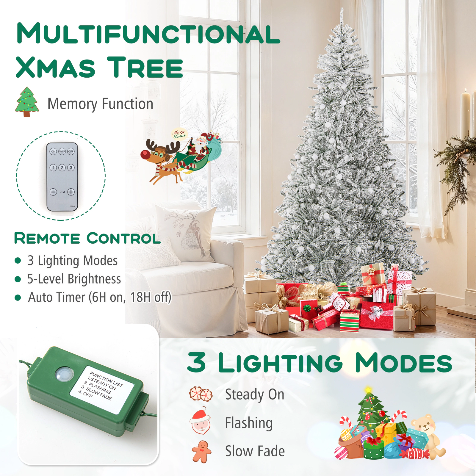 Costway 6/7/8 FT Snow-flocked Artificial Christmas Tree with 51/65/81 Sphere Lights 250/350/450 LED Lights
