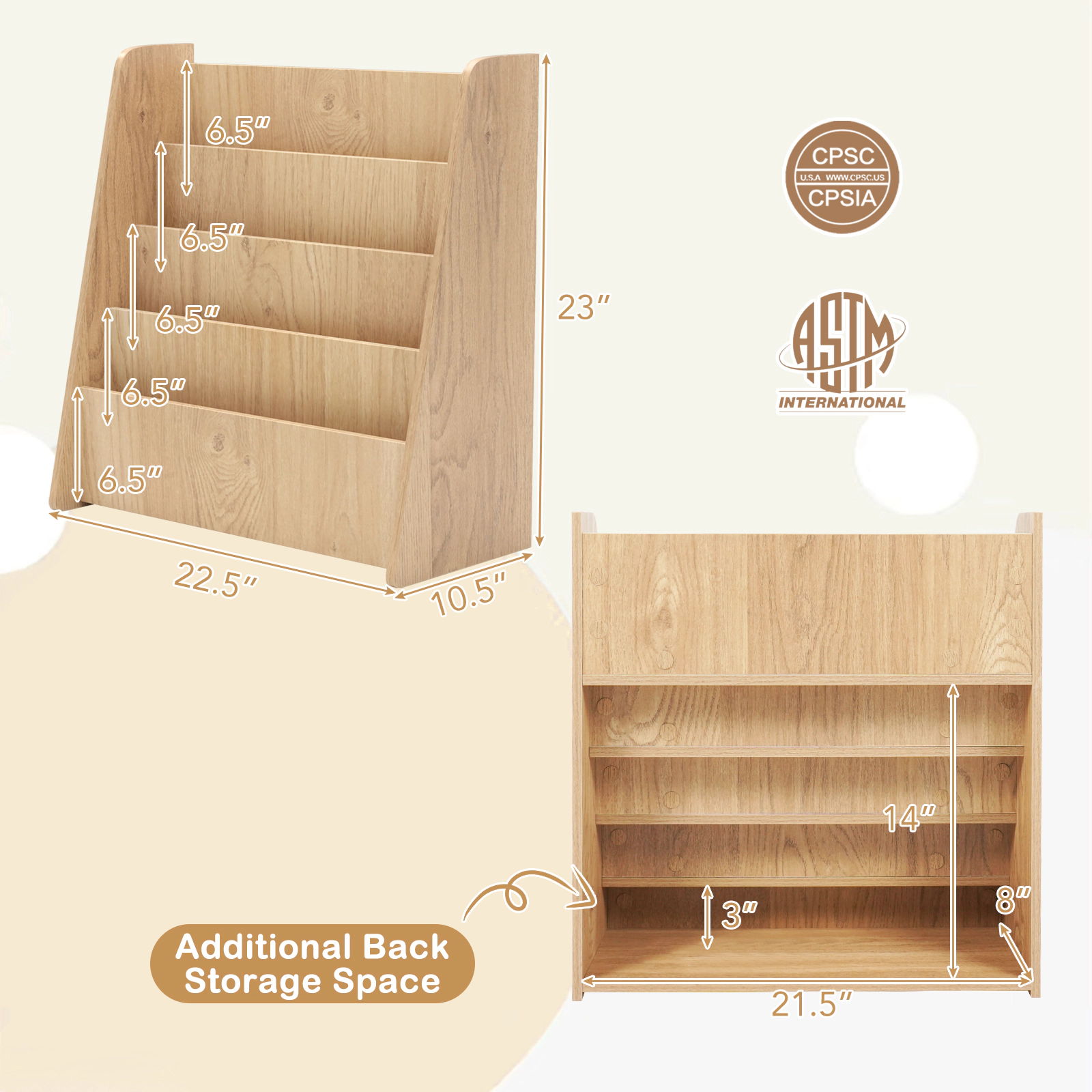 SUGIFT Natural 4-Tier 23-in Kids Bookshelf with Deep Open Compartments Rounded Corners and Trapezium Frame