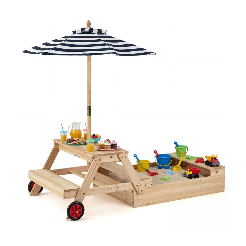 Hivvago 2-in-1 Wooden Sandbox with Foldable Umbrella and Convertible Picnic Table