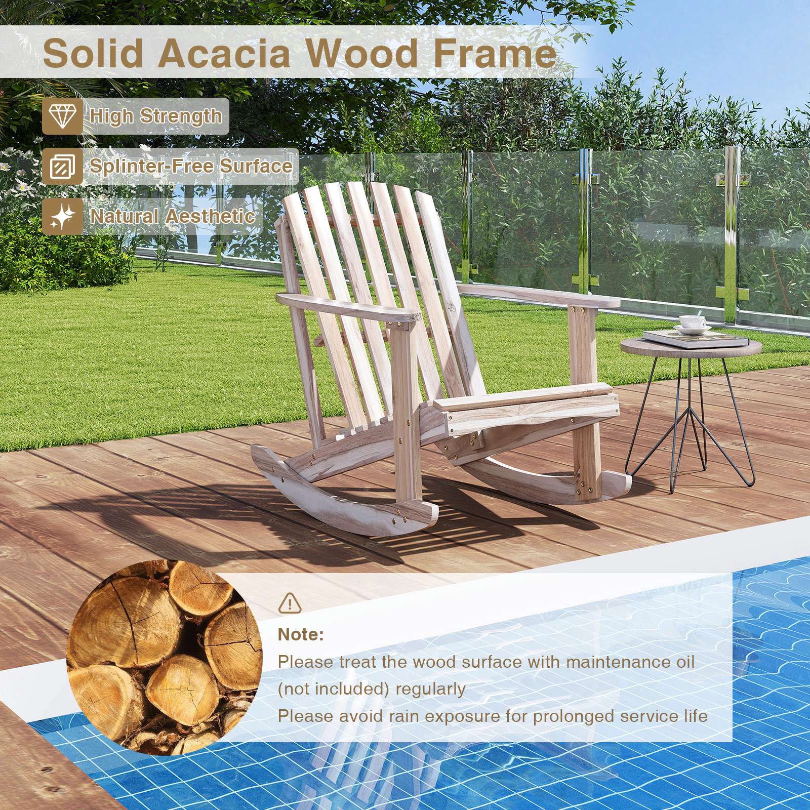 SUGIFT Adirondack Rocking Chair with Slatted Seat and High Fanned Back 400-lb Capacity Natural